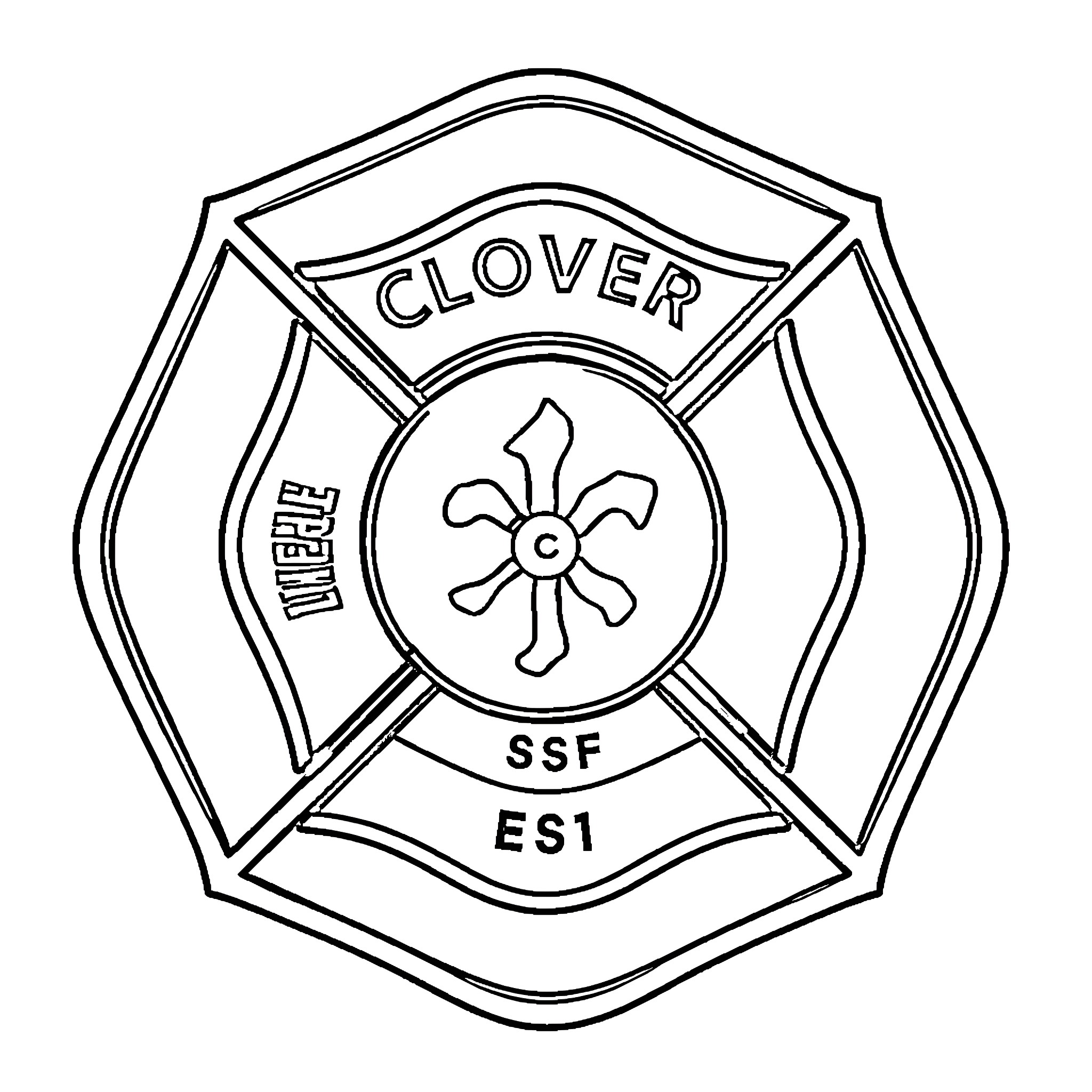 Clover Fire Department Badge Design Coloring Page (free black-and-white line drawing printable PDF for all, from beginners to advanced learners, including children, teens, adults, and seniors)