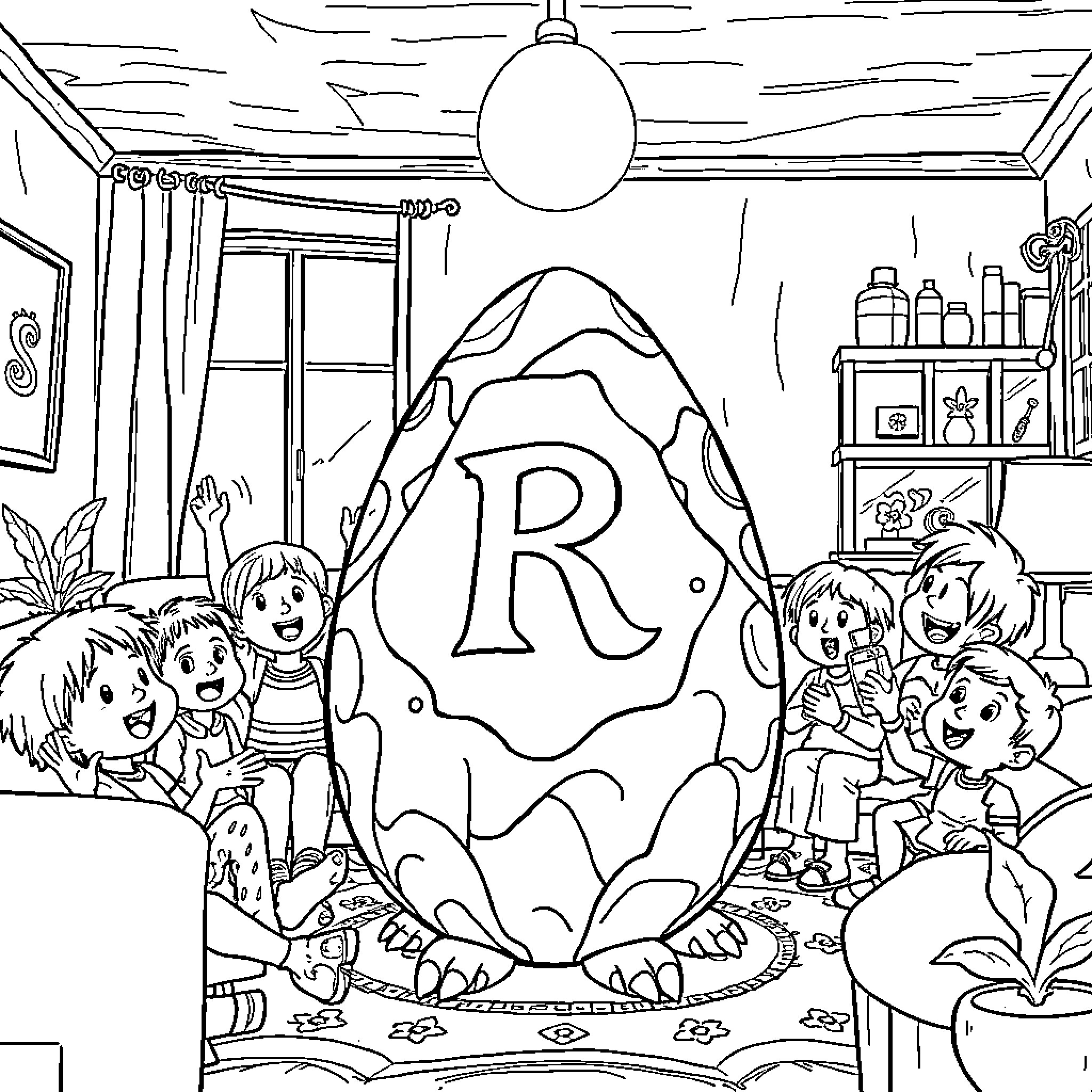 Dinosaur Egg Surprise for Children Coloring Page (free black-and-white line drawing printable PDF for all, from beginners to advanced learners, including children, teens, adults, and seniors)