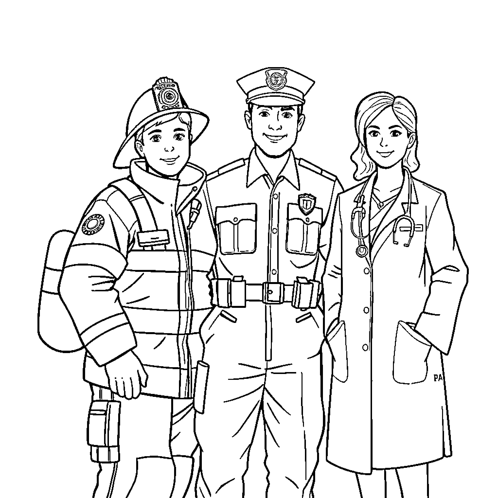 Firefighter, Police Officer, and Doctor in Uniform Coloring Page (free black-and-white line drawing printable PDF for all, from beginners to advanced learners, including children, teens, adults, and seniors)