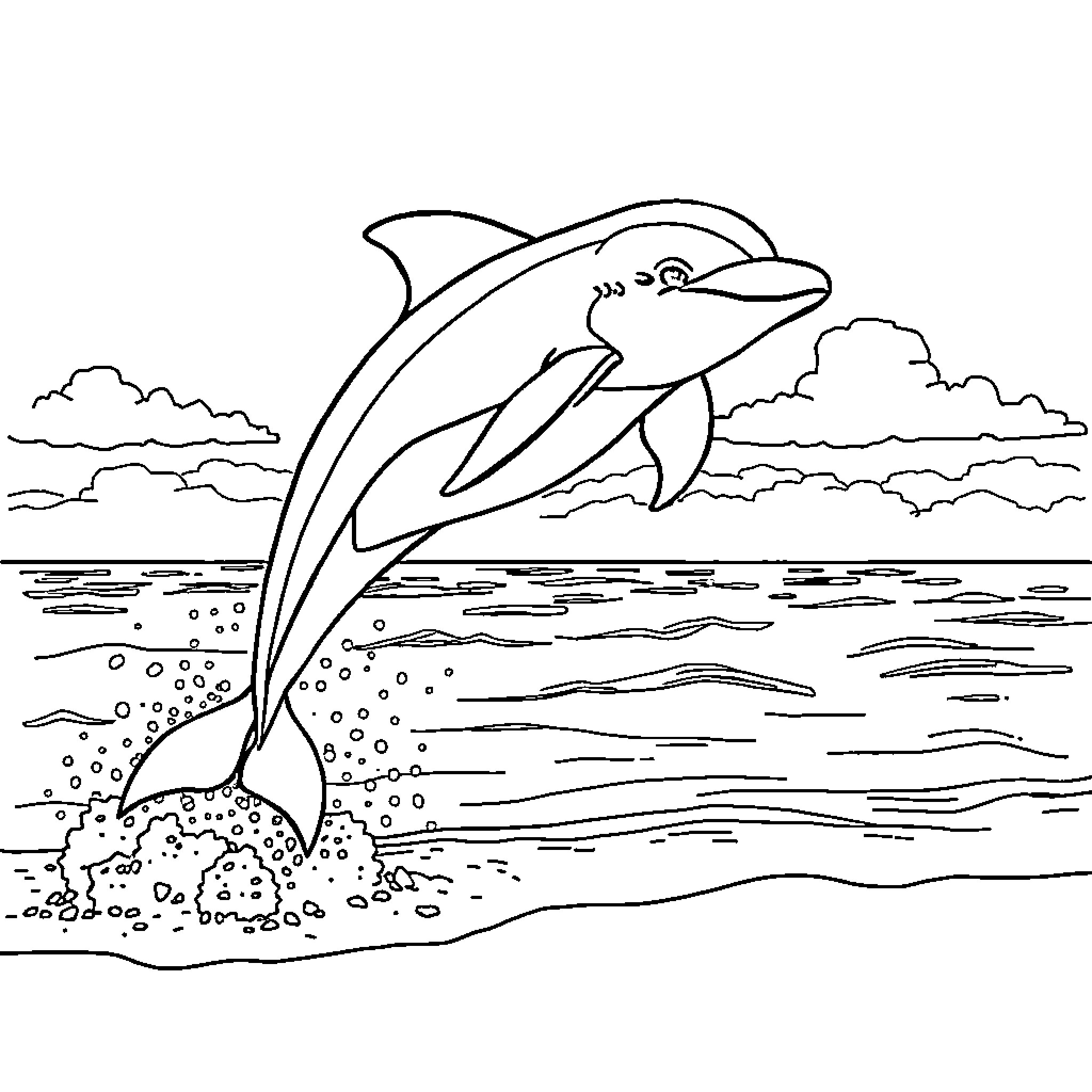 Dolphin jumping playfully in the ocean Coloring Page (free black-and-white line drawing printable PDF for all, from beginners to advanced learners, including children, teens, adults, and seniors)