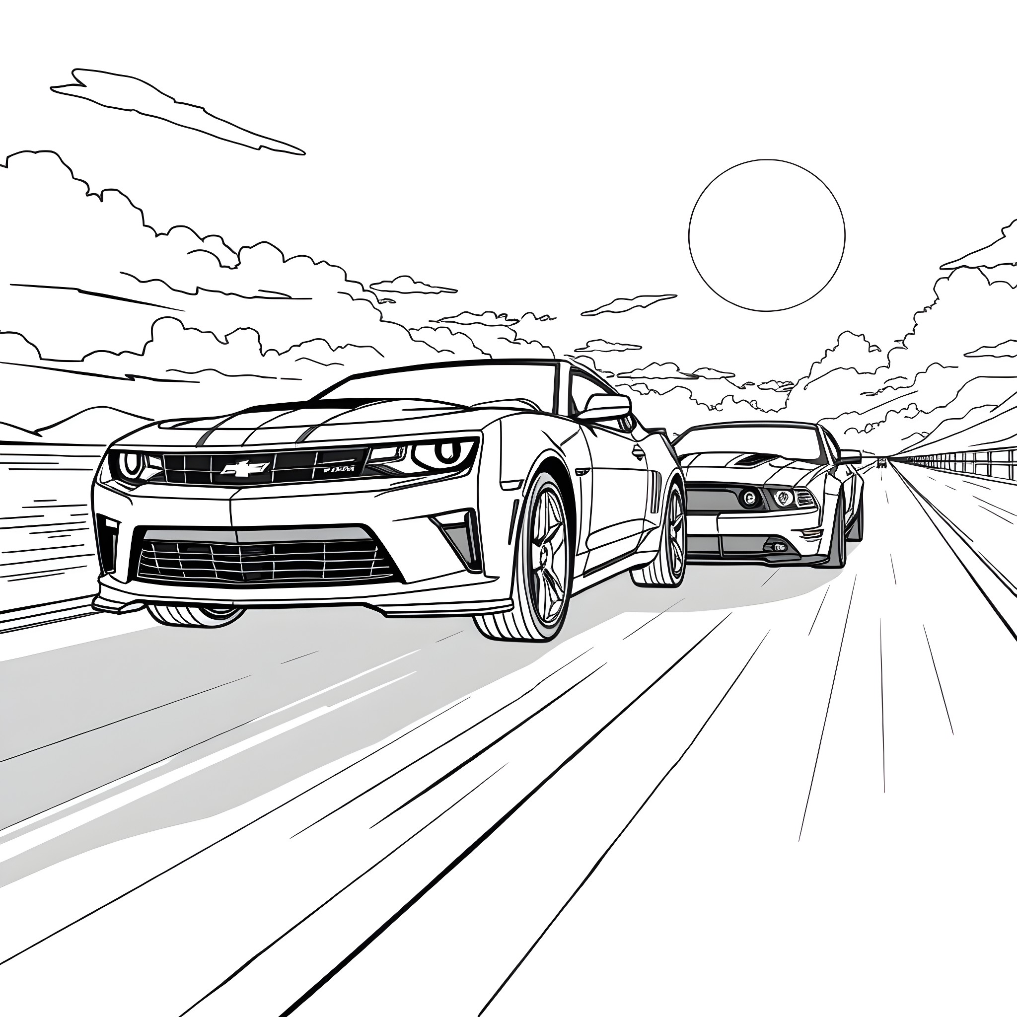 Cars speeding on a highway at sunset Coloring Page (free black-and-white line drawing printable PDF for all, from beginners to advanced learners, including children, teens, adults, and seniors)