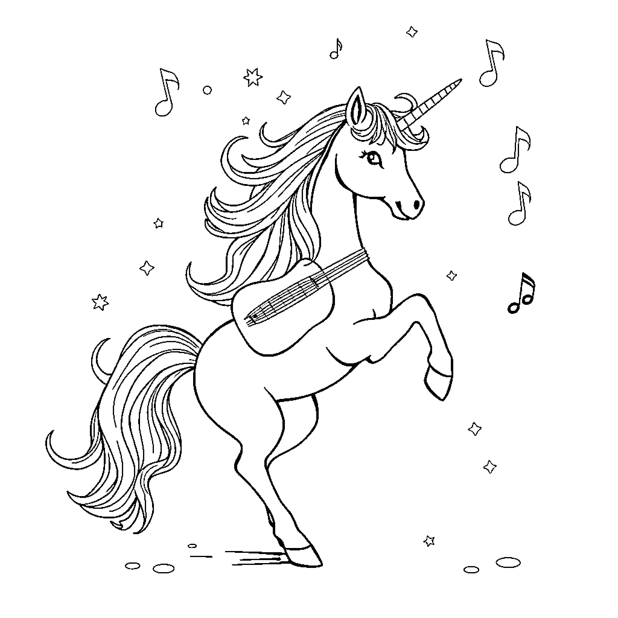 Unicorn playing joyfully with musical instruments Coloring Page (free black-and-white line drawing printable PDF for all, from beginners to advanced learners, including children, teens, adults, and seniors)