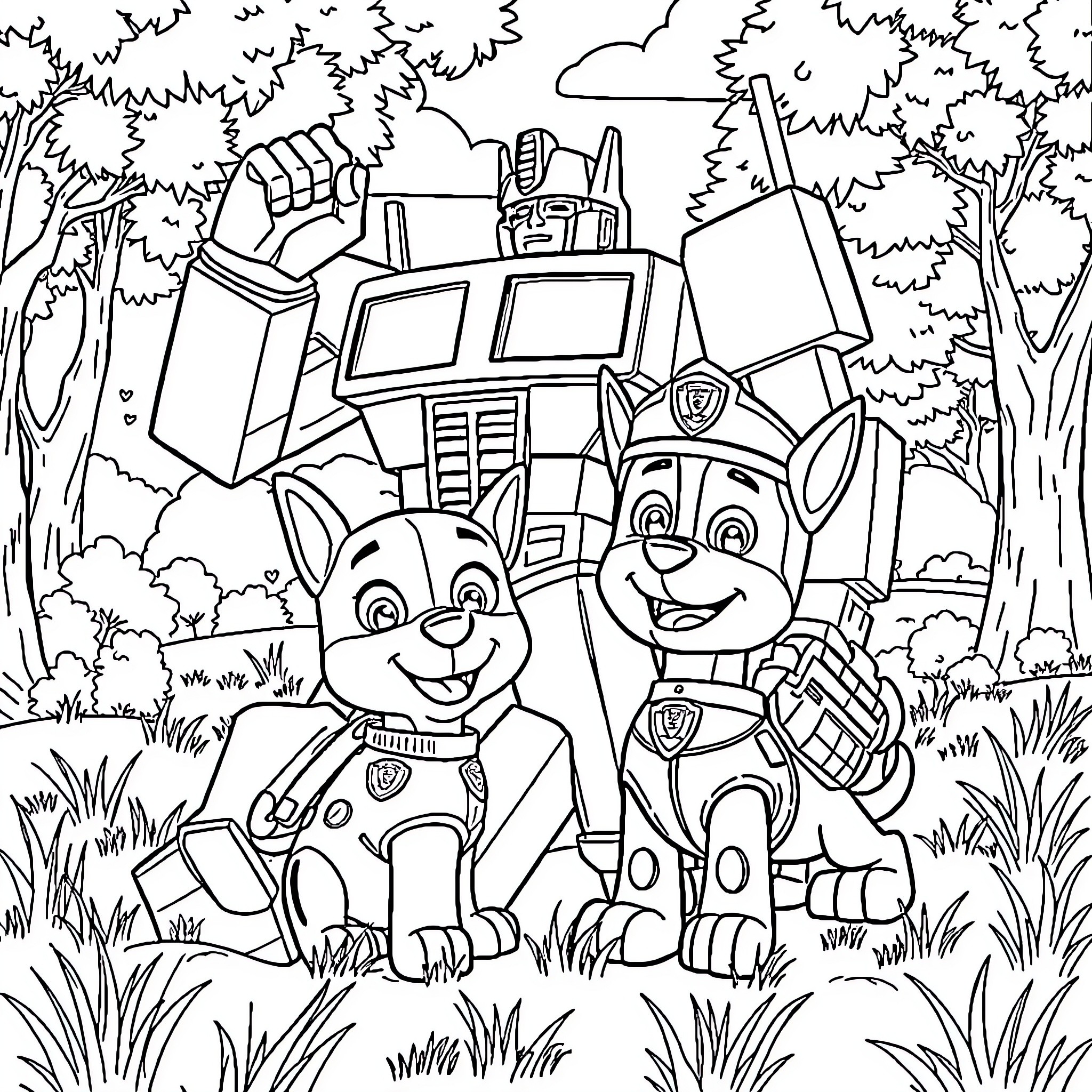 Optimus Prime and pups exploring the forest Coloring Page (free black-and-white line drawing printable PDF for all, from beginners to advanced learners, including children, teens, adults, and seniors)