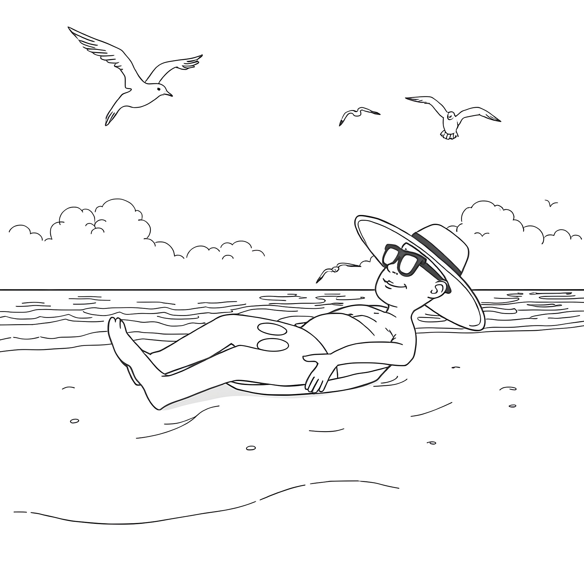 Pancake Man relaxing on the beach Coloring Page (free black-and-white line drawing printable PDF for all, from beginners to advanced learners, including children, teens, adults, and seniors)