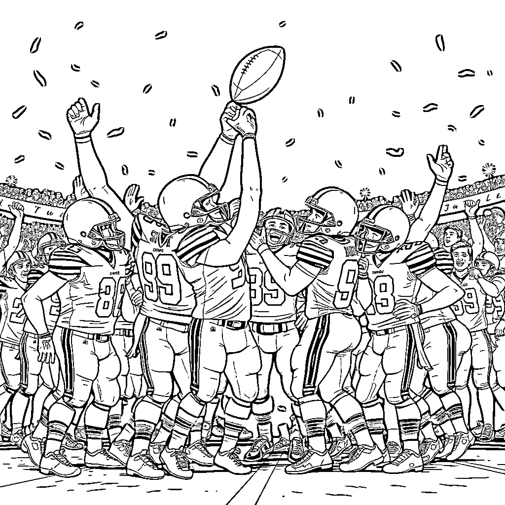 Cleveland Browns players celebrating victory on the field Coloring Page (free black-and-white line drawing printable PDF for all, from beginners to advanced learners, including children, teens, adults, and seniors)