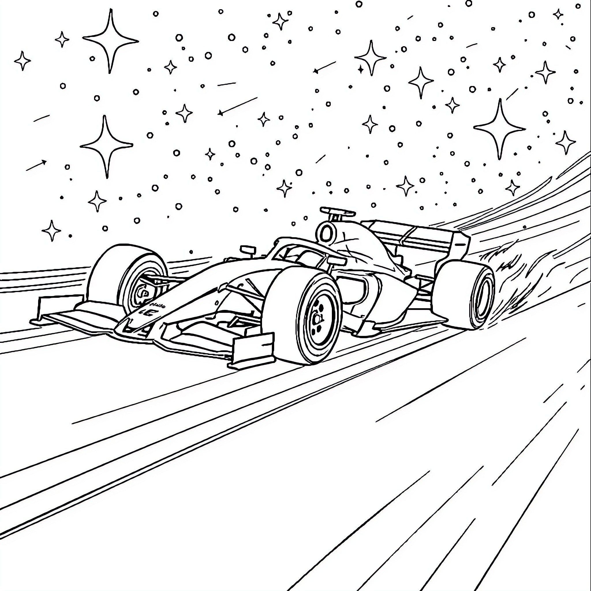 Formula 1 race car speeding through the stars Coloring Page (free black-and-white line drawing printable PDF for all, from beginners to advanced learners, including children, teens, adults, and seniors)