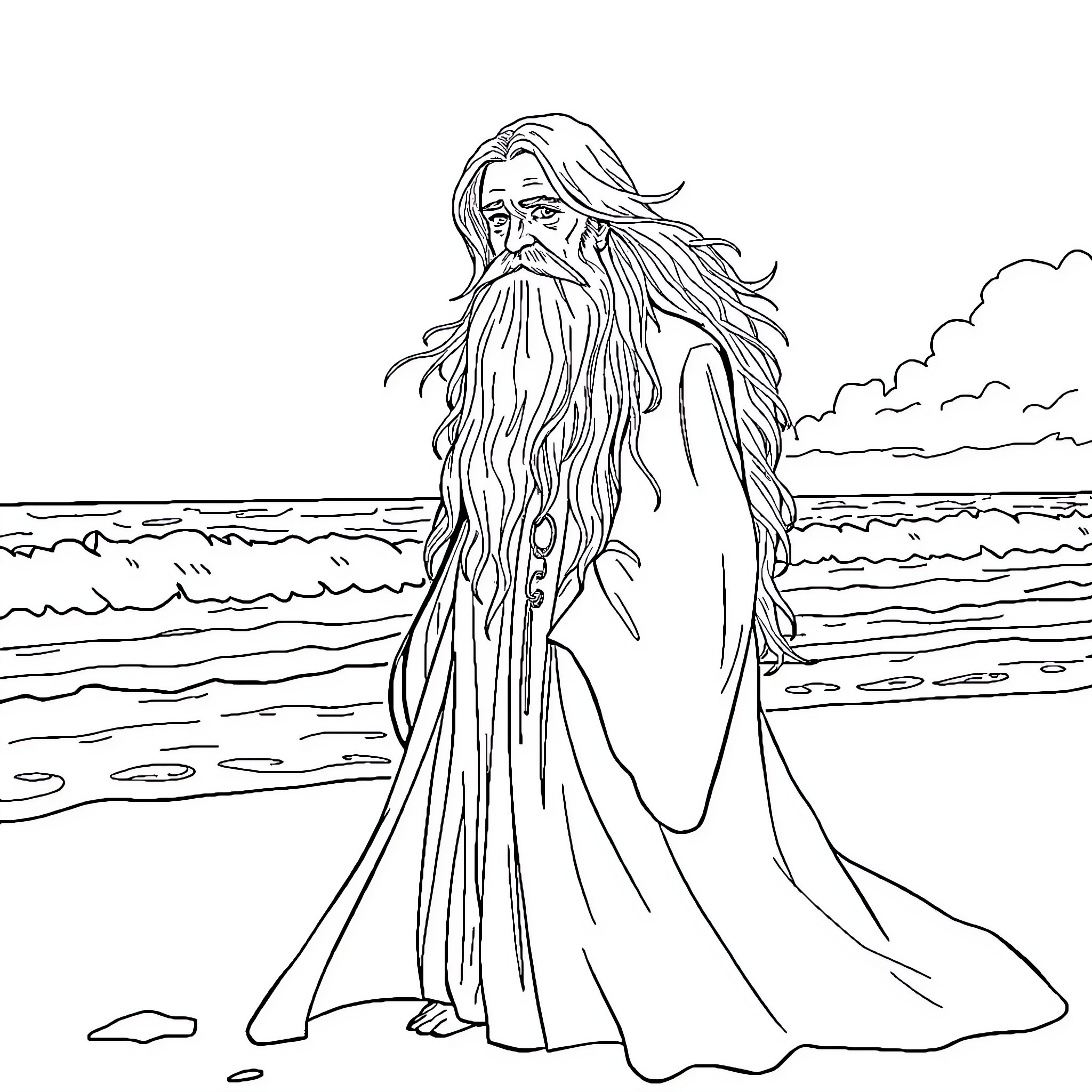 Dumbledore standing solemnly on the beach Coloring Page (free black-and-white line drawing printable PDF for all, from beginners to advanced learners, including children, teens, adults, and seniors)