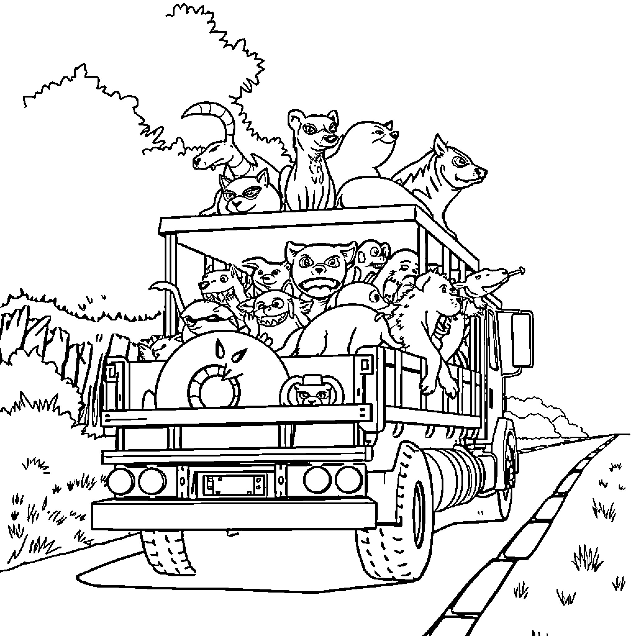Truck carrying a group of playful animals Coloring Page (free black-and-white line drawing printable PDF for all, from beginners to advanced learners, including children, teens, adults, and seniors)