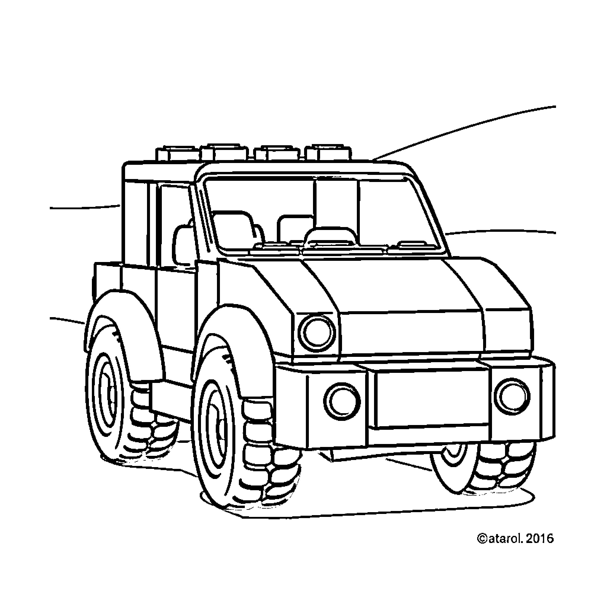 Car with off-road accessories in outline Coloring Page (free black-and-white line drawing printable PDF for all, from beginners to advanced learners, including children, teens, adults, and seniors)