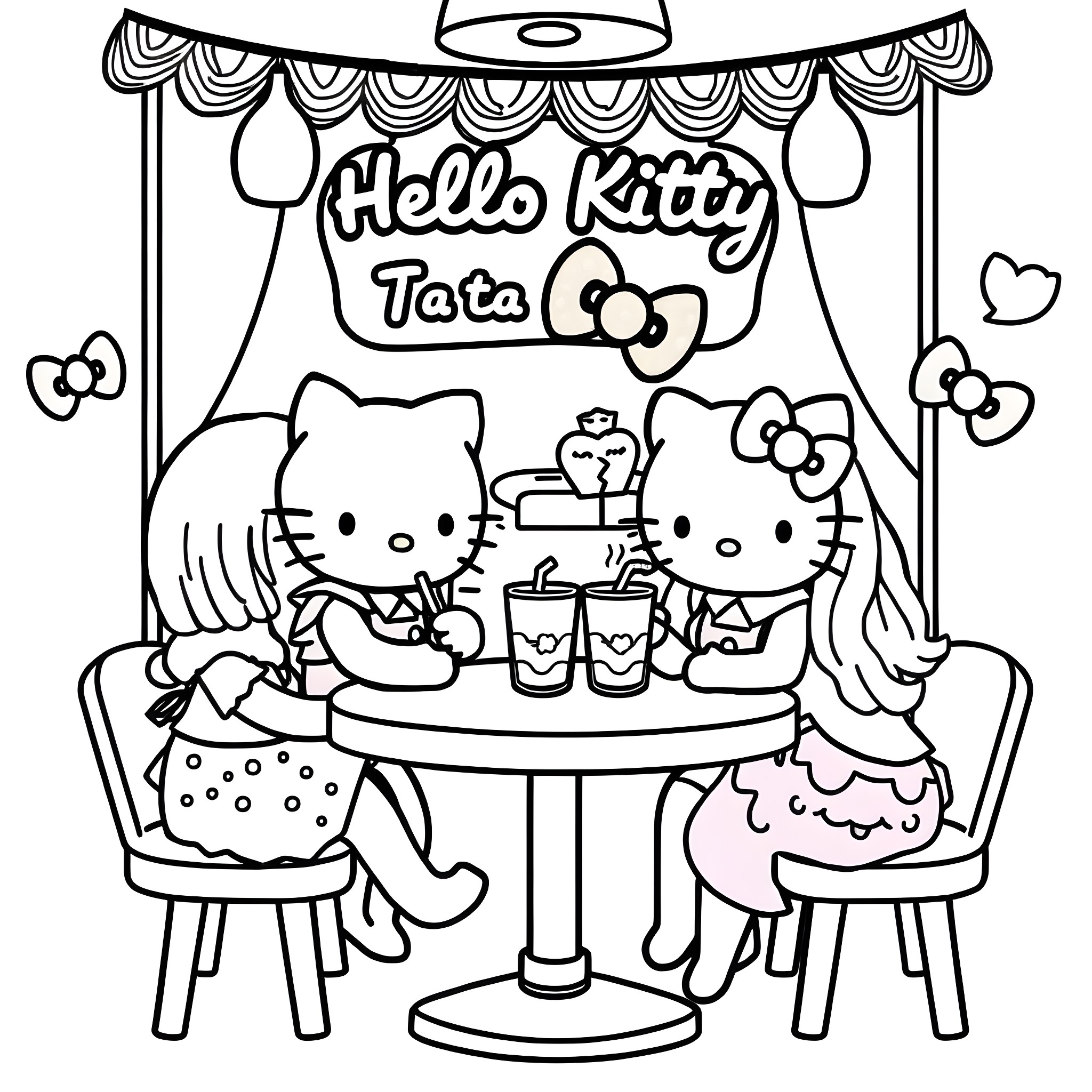 Hello Kitty and her friend enjoying tea time Coloring Page (free black-and-white line drawing printable PDF for all, from beginners to advanced learners, including children, teens, adults, and seniors)