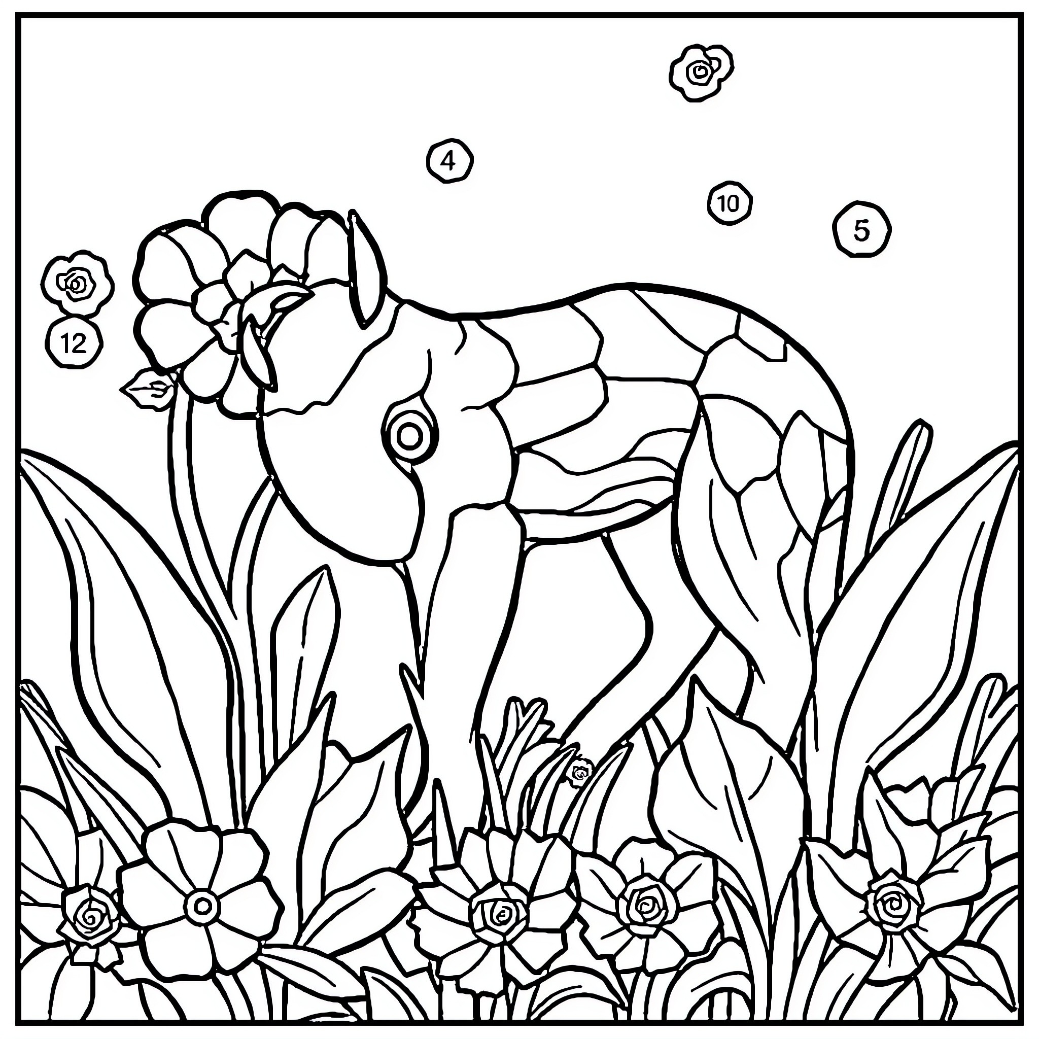 Color By Number Artistic Horse in Floral Garden Coloring Page (free black-and-white line drawing printable PDF for all, from beginners to advanced learners, including children, teens, adults, and seniors)