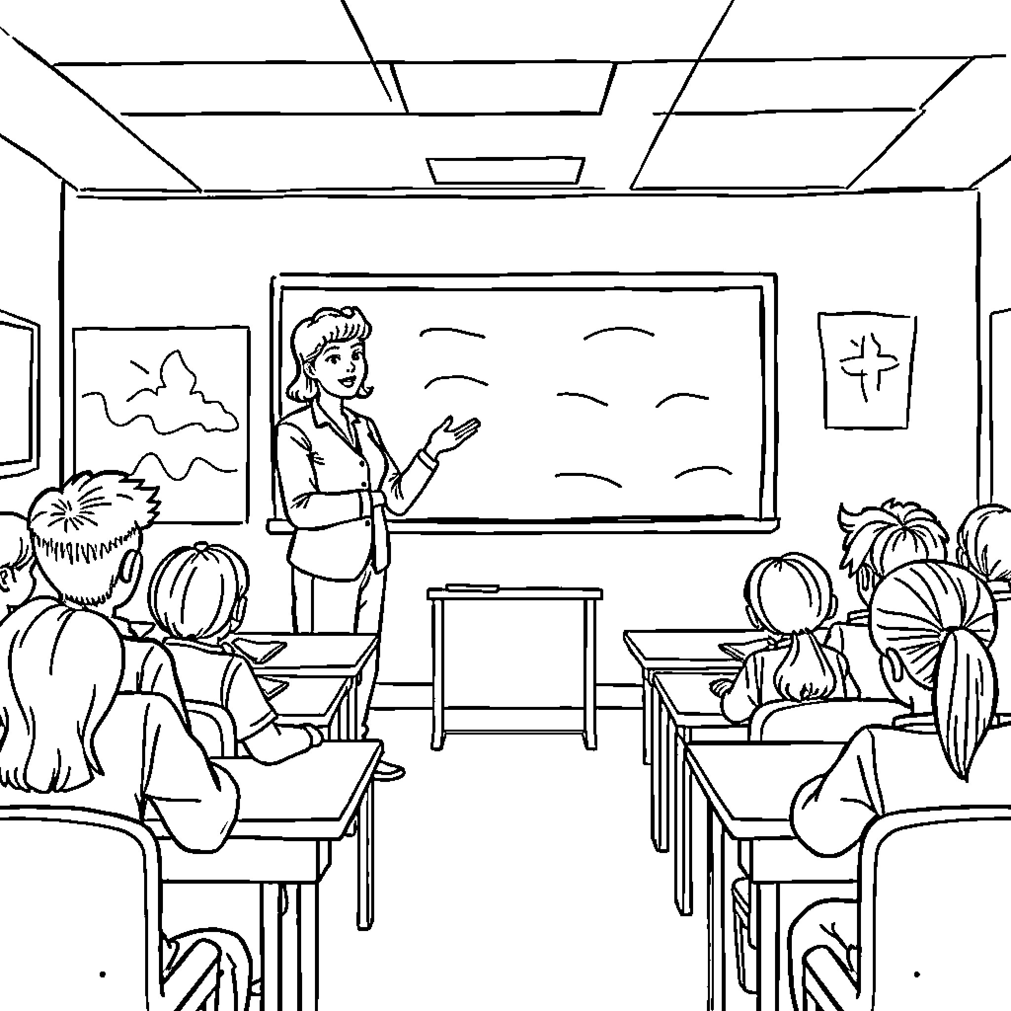 Teacher leading engaging classroom lesson Coloring Page (free black-and-white line drawing printable PDF for all, from beginners to advanced learners, including children, teens, adults, and seniors)