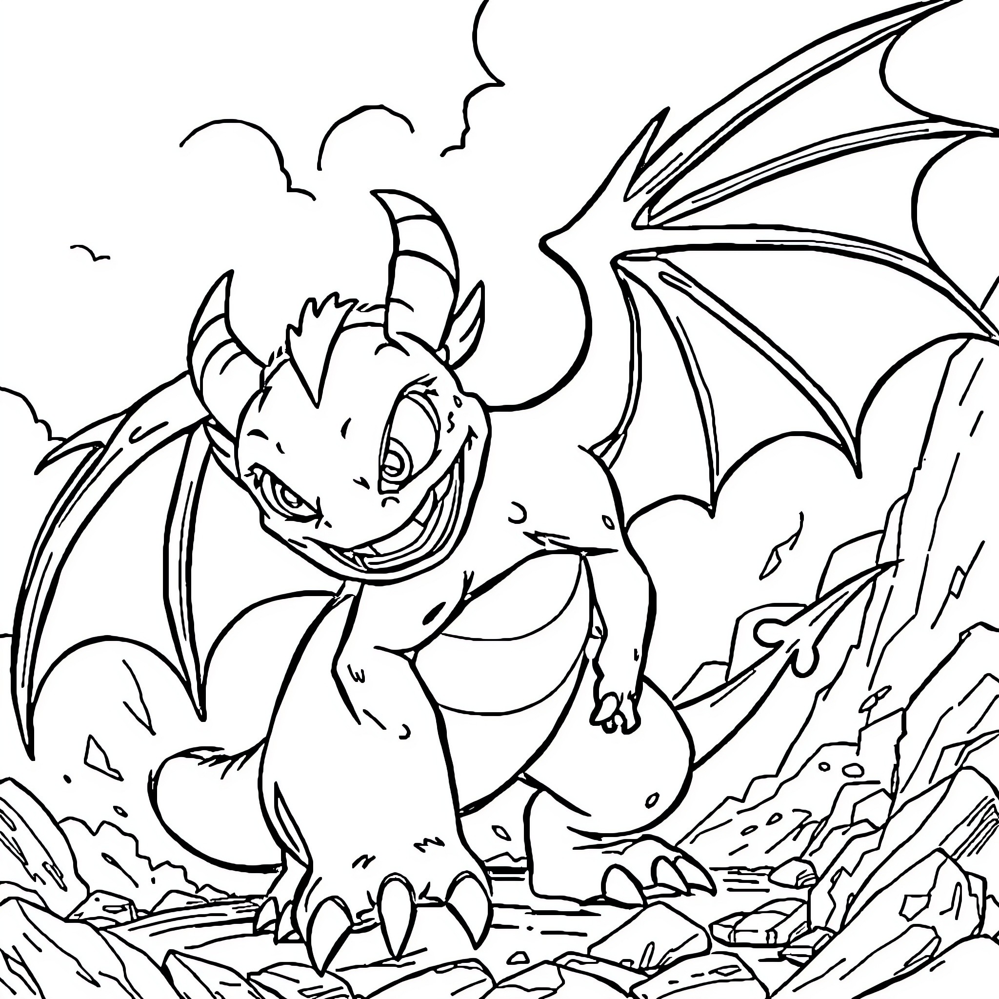 Toothless the Dragon Soaring in the Skies Coloring Page (free black-and-white line drawing printable PDF for all, from beginners to advanced learners, including children, teens, adults, and seniors)