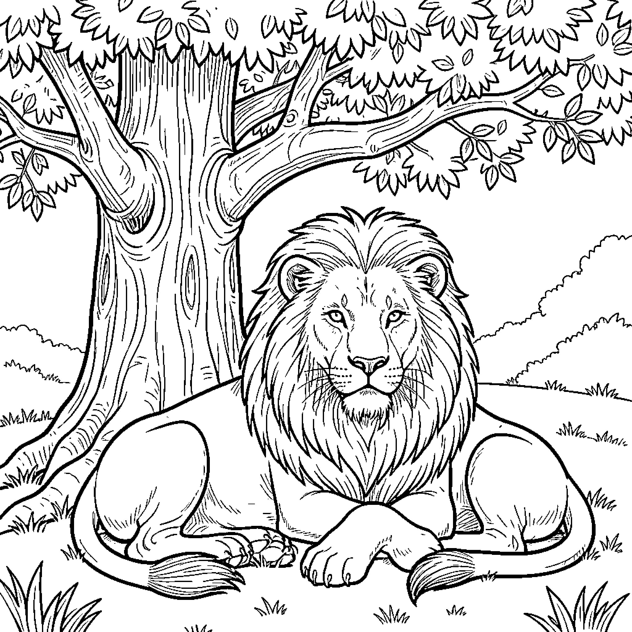 Lion lounging in the lush forest Coloring Page (free black-and-white line drawing printable PDF for all, from beginners to advanced learners, including children, teens, adults, and seniors)