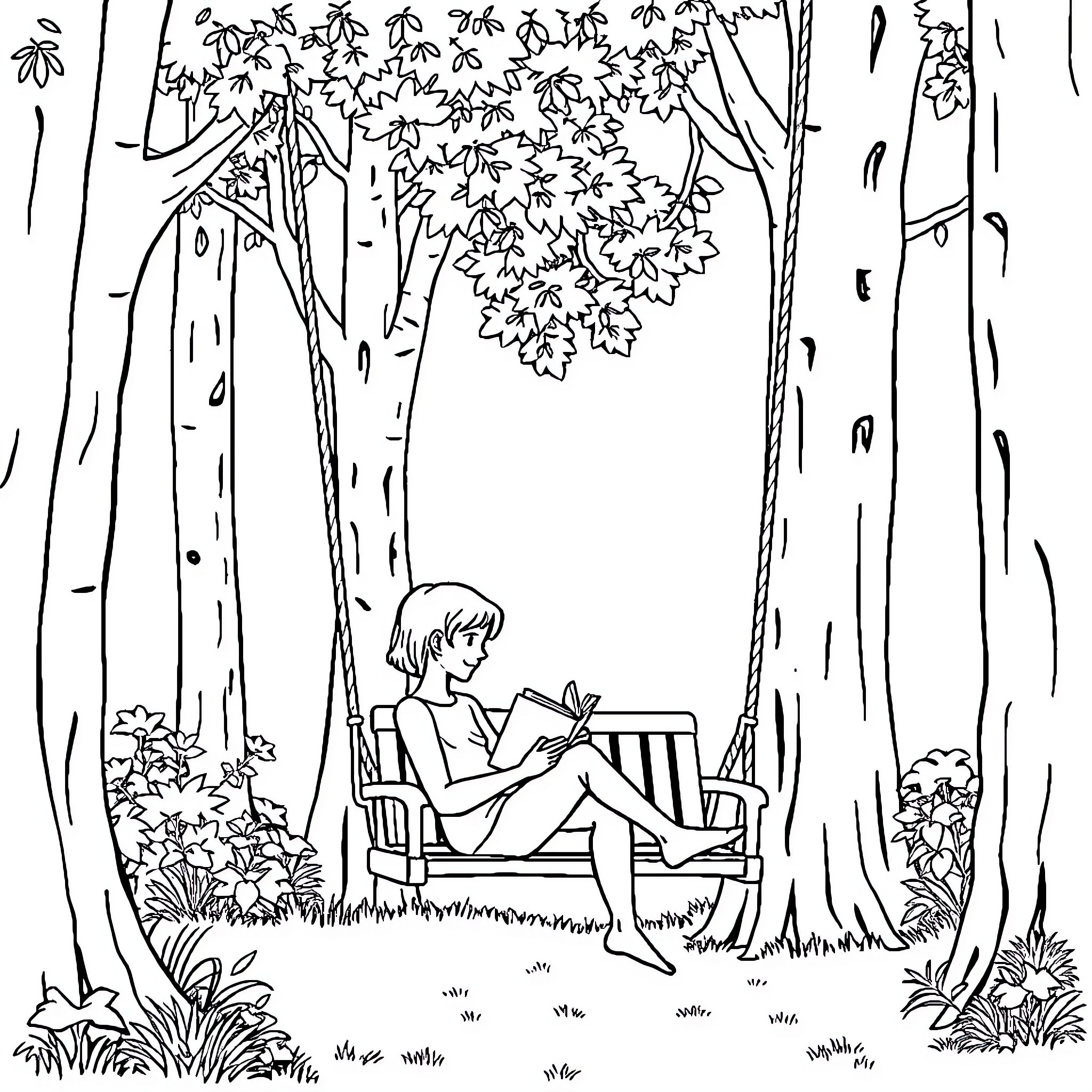 Swing in the Peaceful Forest Coloring Page (free black-and-white line drawing printable PDF for all, from beginners to advanced learners, including children, teens, adults, and seniors)