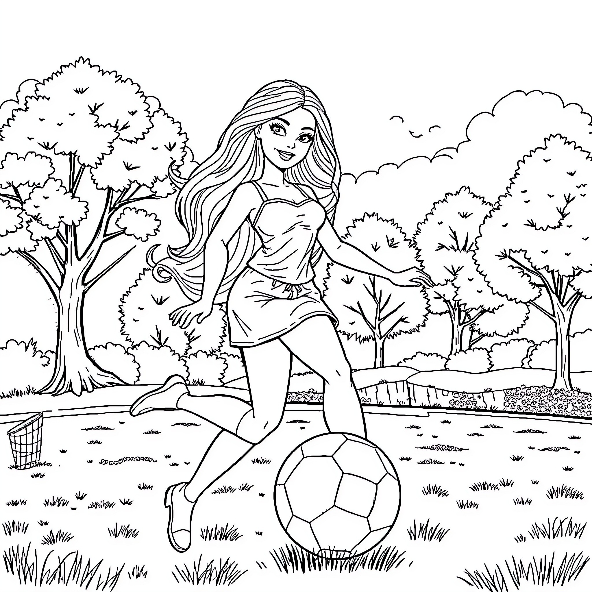 Barbie playing with a soccer ball in the park Coloring Page (free black-and-white line drawing printable PDF for all, from beginners to advanced learners, including children, teens, adults, and seniors)