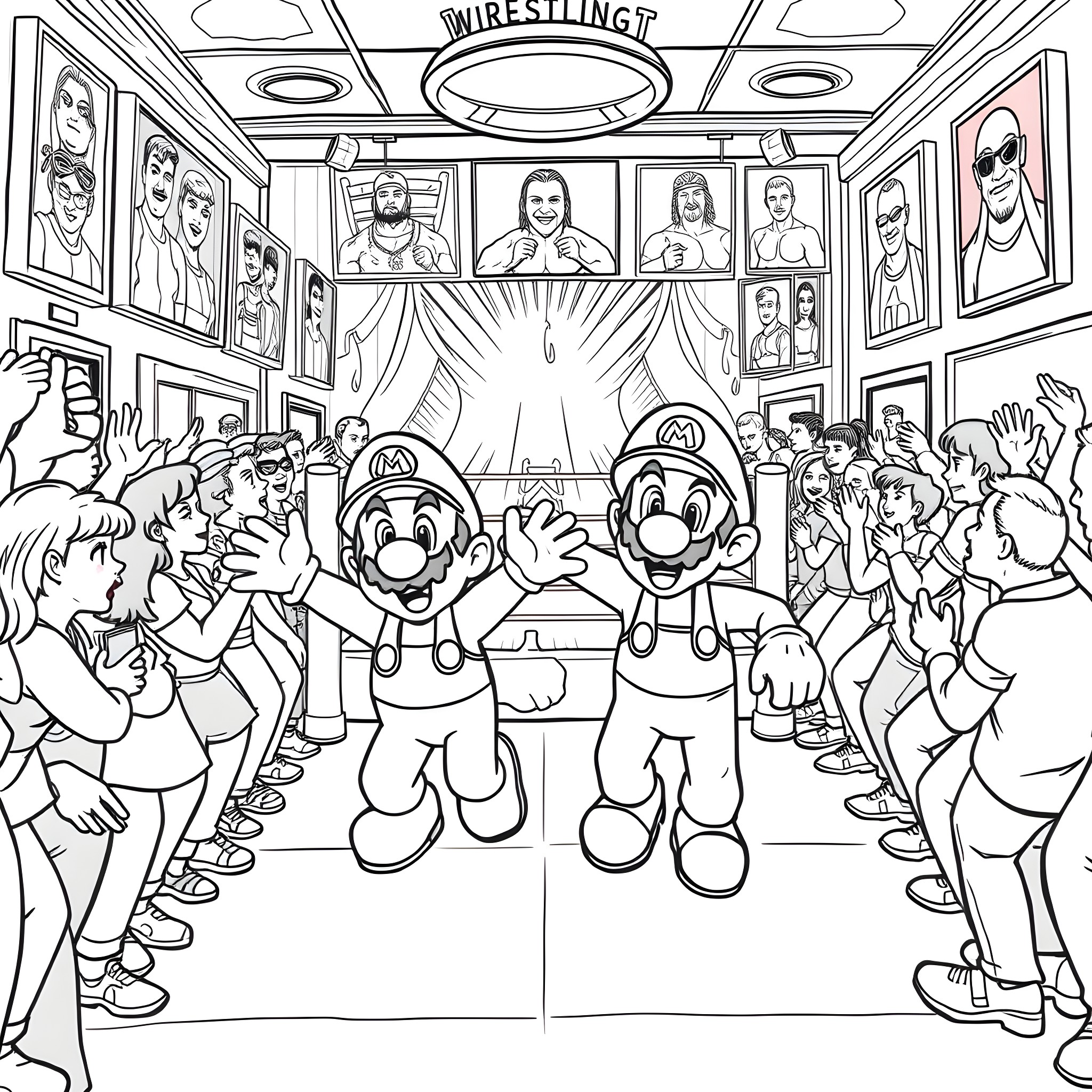 Mario and Luigi Celebrate Wrestling Victory in Arena Coloring Page (free black-and-white line drawing printable PDF for all, from beginners to advanced learners, including children, teens, adults, and seniors)