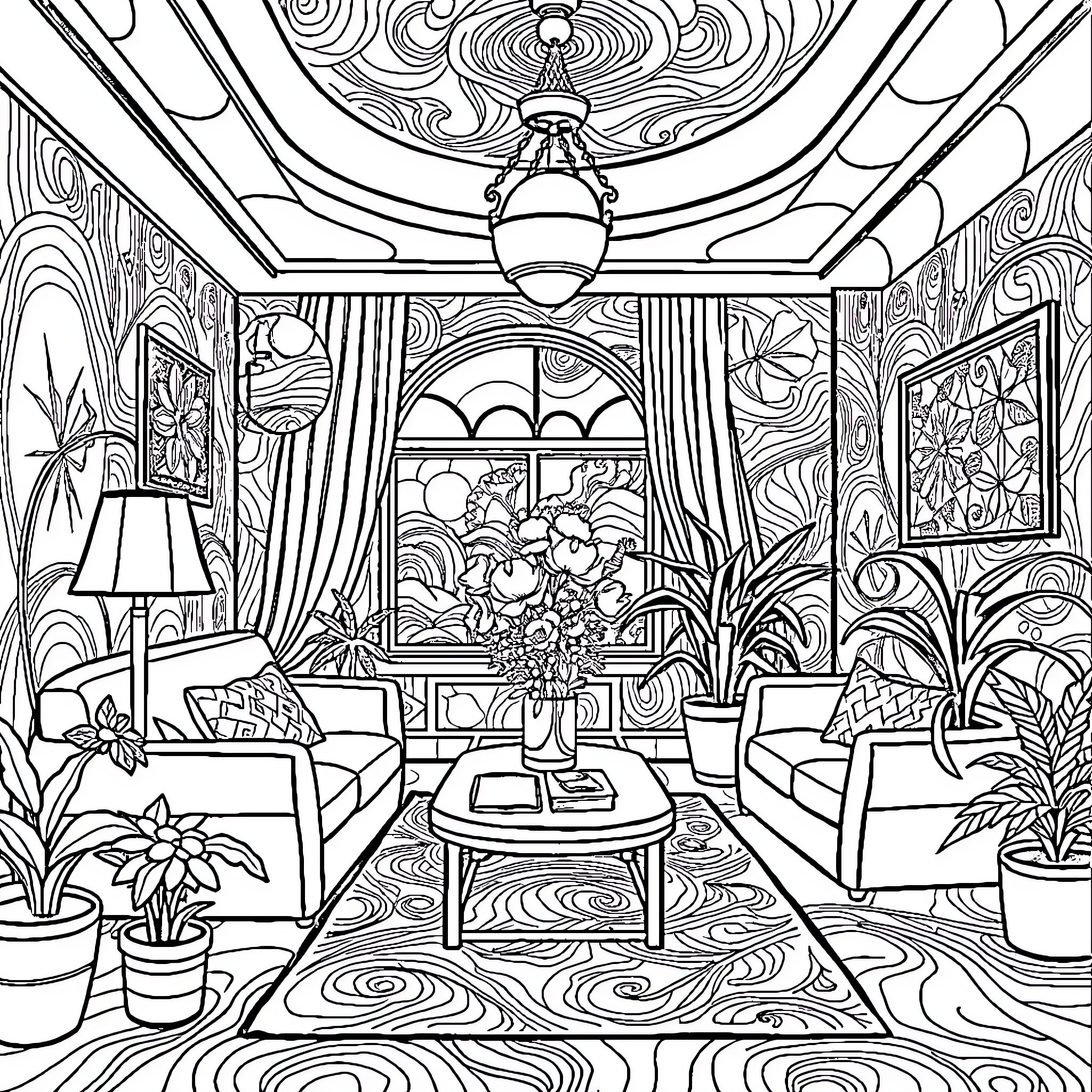 Colorful Decor and Furnishings in Stylized Room Coloring Page (free black-and-white line drawing printable PDF for all, from beginners to advanced learners, including children, teens, adults, and seniors)