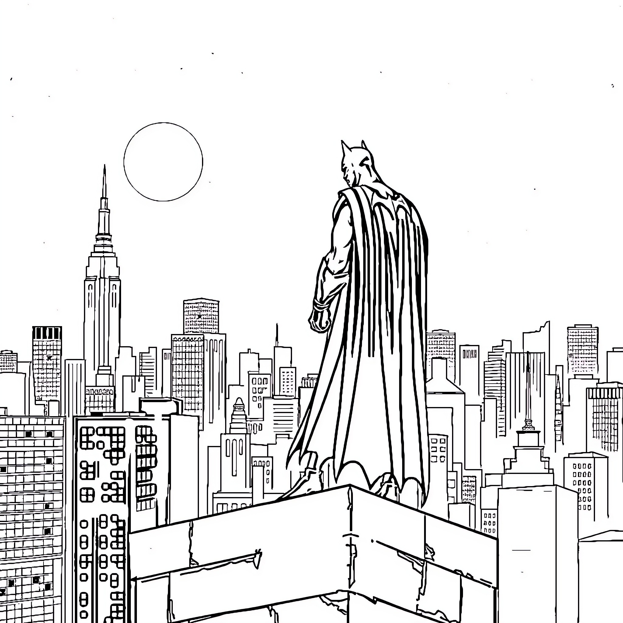Batman surveying Gotham City skyline Coloring Page (free black-and-white line drawing printable PDF for all, from beginners to advanced learners, including children, teens, adults, and seniors)