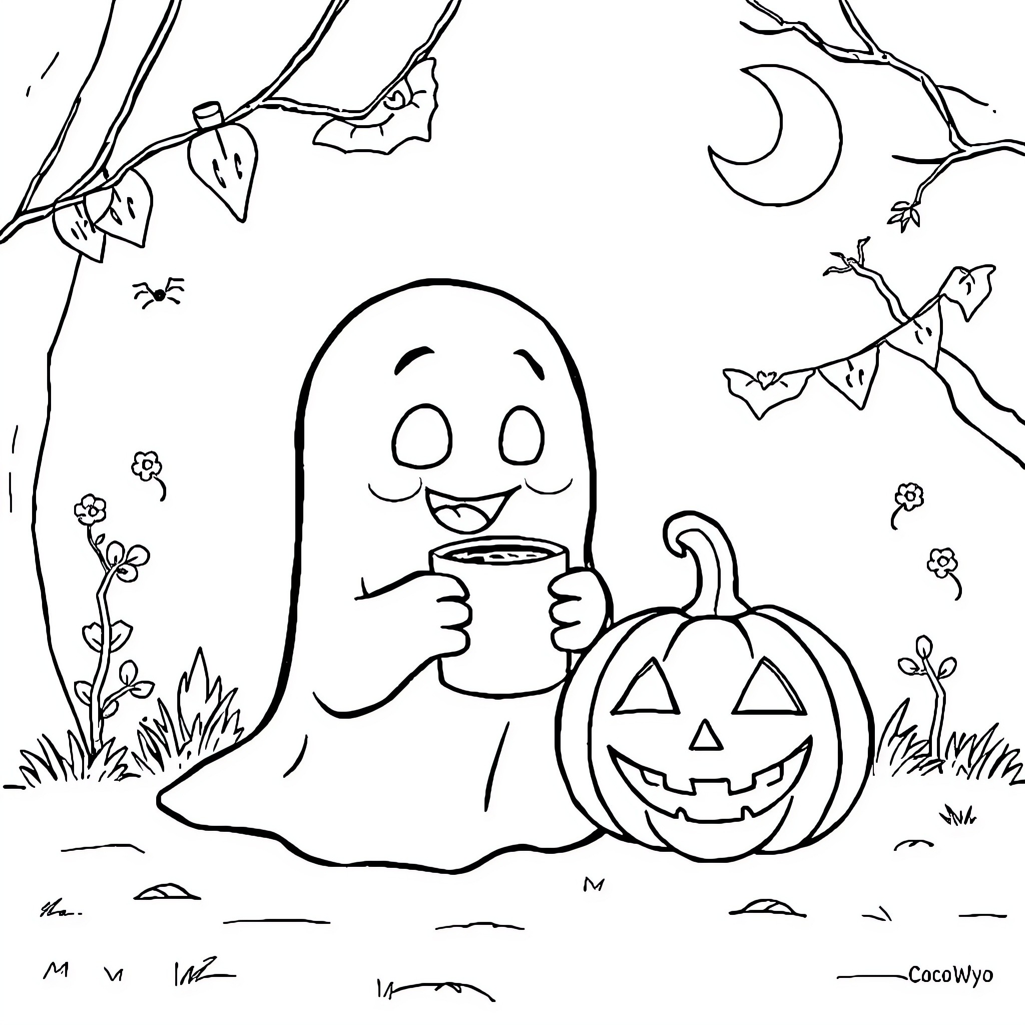 Ghost enjoying a spooky snack under the moonlight Coloring Page (free black-and-white line drawing printable PDF for all, from beginners to advanced learners, including children, teens, adults, and seniors)