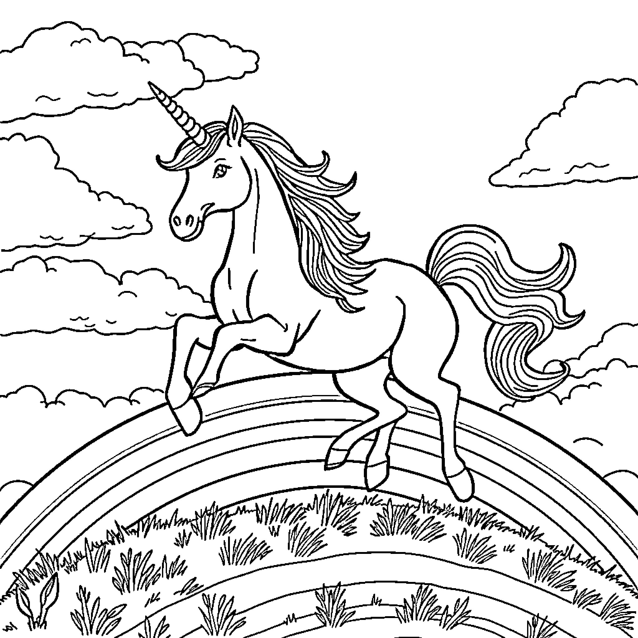Unicorn galloping across a rainbow landscape Coloring Page (free black-and-white line drawing printable PDF for all, from beginners to advanced learners, including children, teens, adults, and seniors)