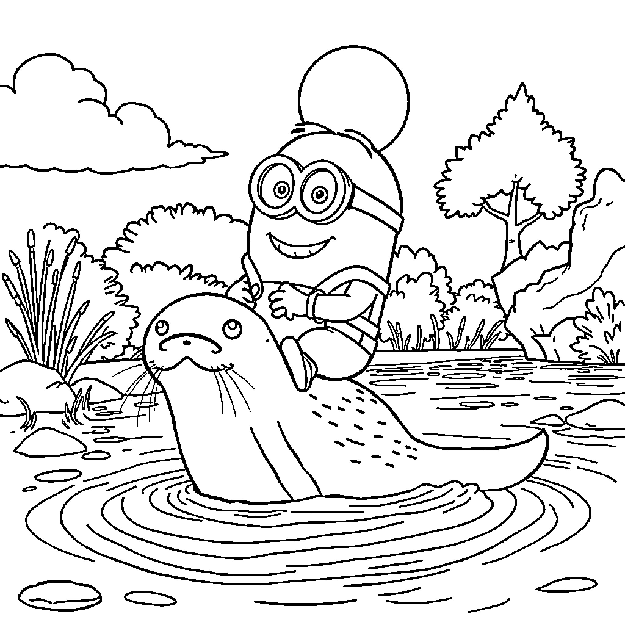 Minion assisting cute animal in a natural setting Coloring Page (free black-and-white line drawing printable PDF for all, from beginners to advanced learners, including children, teens, adults, and seniors)