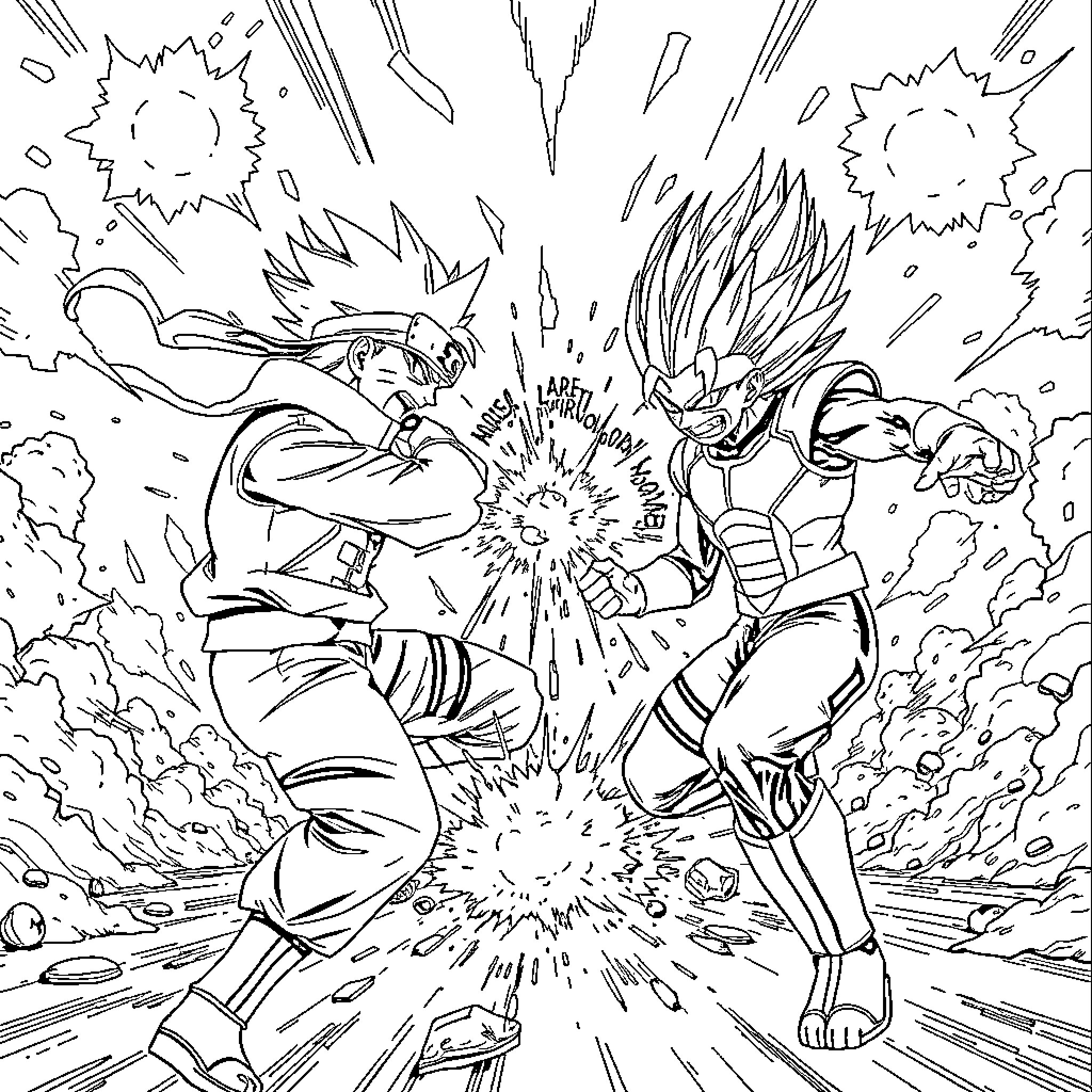 Naruto Characters Engaged in Fierce Battle Coloring Page (free black-and-white line drawing printable PDF for all, from beginners to advanced learners, including children, teens, adults, and seniors)