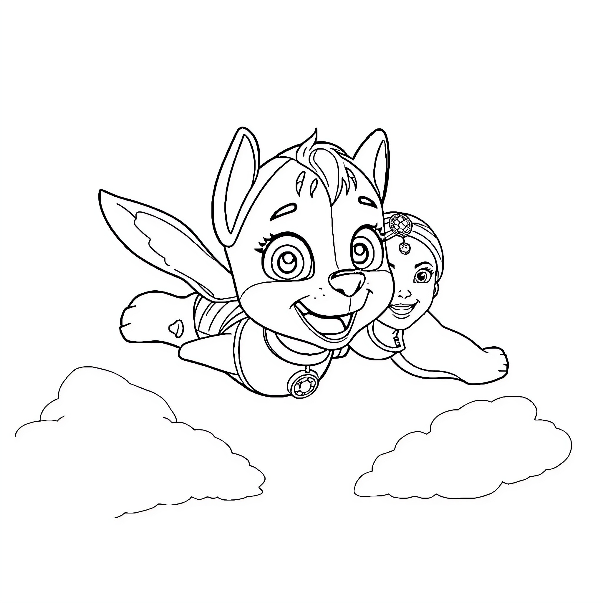 Skye the pup soaring through the clouds Coloring Page (free black-and-white line drawing printable PDF for all, from beginners to advanced learners, including children, teens, adults, and seniors)