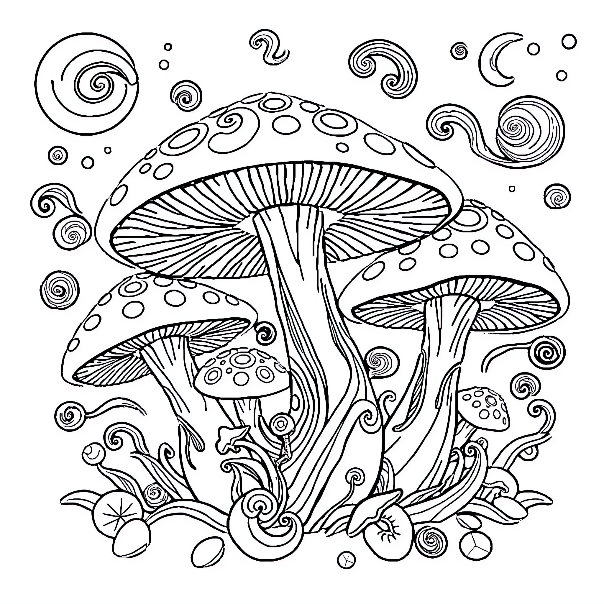 Mushroom Fantasy in Doodle Style Coloring Page (free black-and-white line drawing printable PDF for all, from beginners to advanced learners, including children, teens, adults, and seniors)