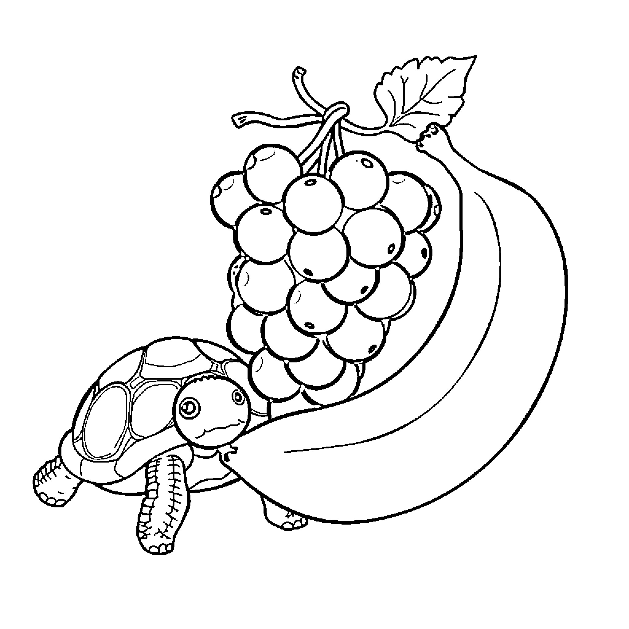 Banana-shaped turtle carrying a grape cluster Coloring Page (free black-and-white line drawing printable PDF for all, from beginners to advanced learners, including children, teens, adults, and seniors)