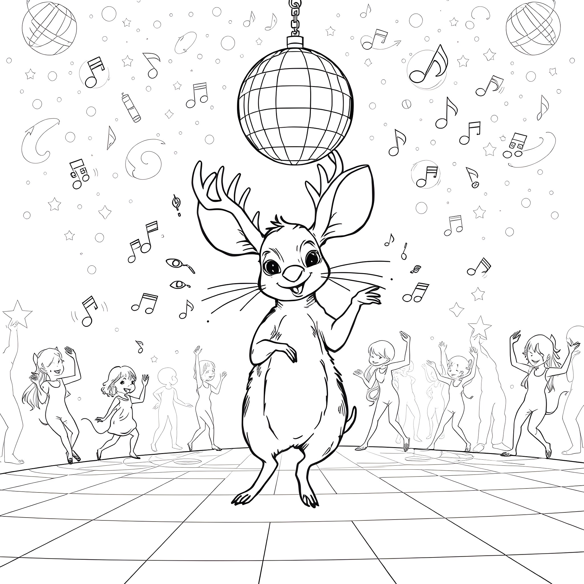 Deer Mouse dancing joyfully under disco ball Coloring Page (free black-and-white line drawing printable PDF for all, from beginners to advanced learners, including children, teens, adults, and seniors)