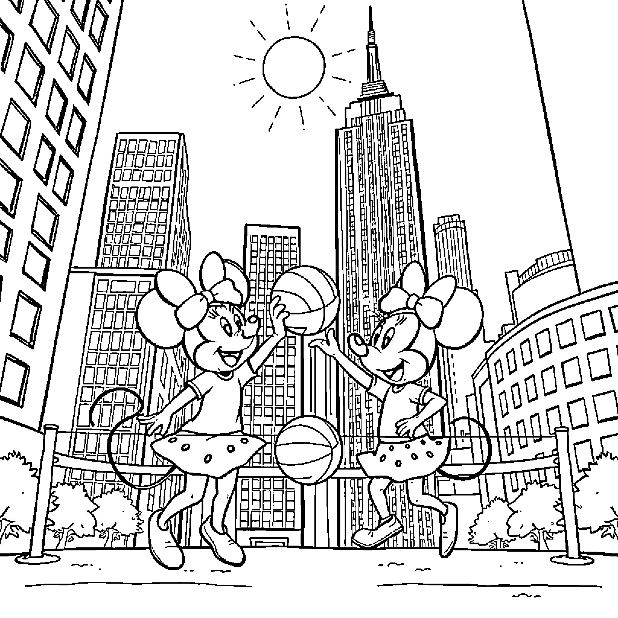 Mickey Mouse and Minnie Mouse explore the city Coloring Page (free black-and-white line drawing printable PDF for all, from beginners to advanced learners, including children, teens, adults, and seniors)