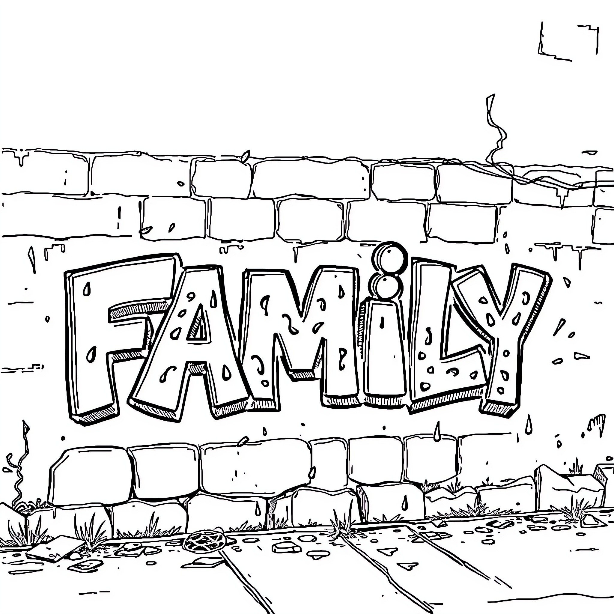 Graffiti Family Expression on Brick Wall Coloring Page (free black-and-white line drawing printable PDF for all, from beginners to advanced learners, including children, teens, adults, and seniors)