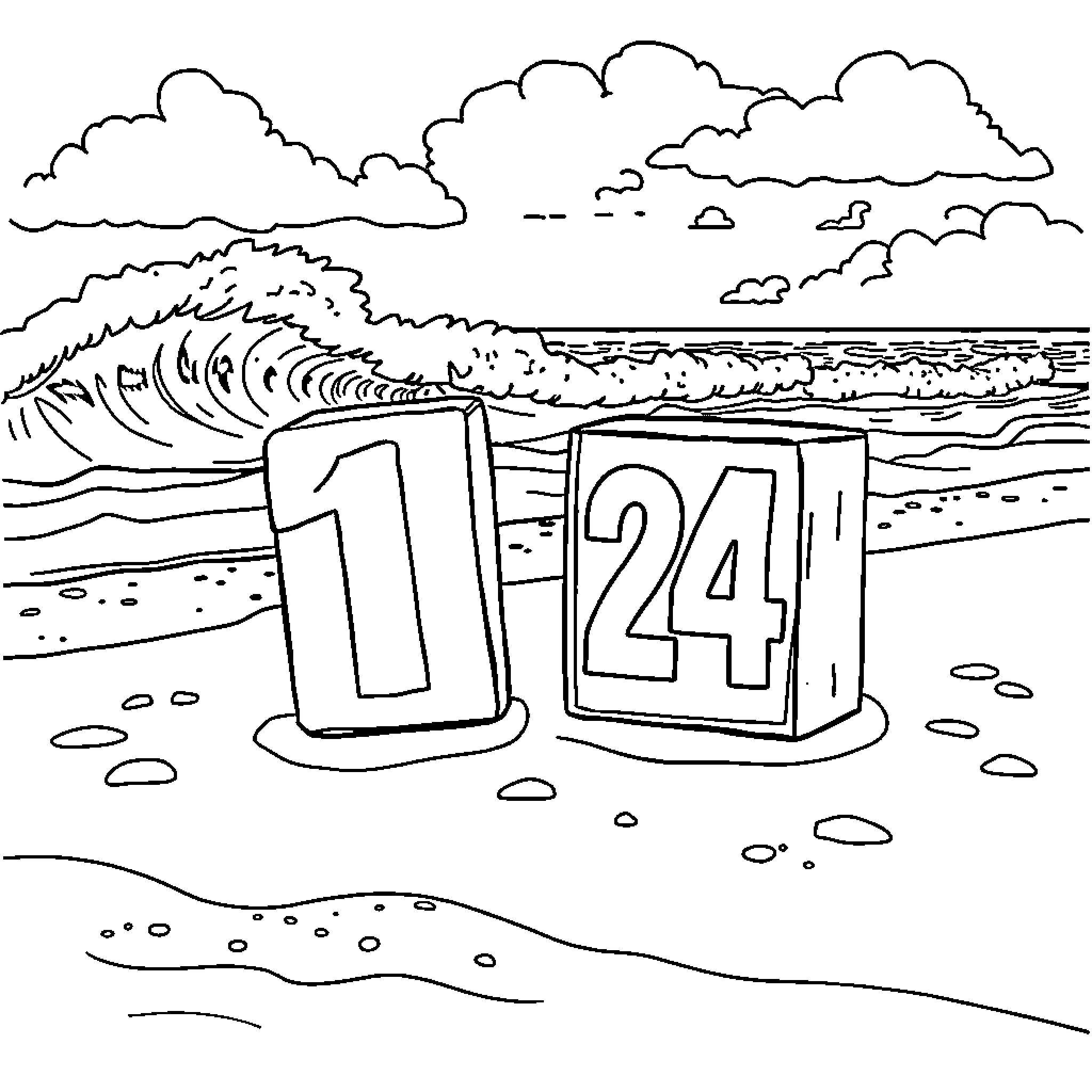 Number Blocks on the Beach Coloring Page (free black-and-white line drawing printable PDF for all, from beginners to advanced learners, including children, teens, adults, and seniors)