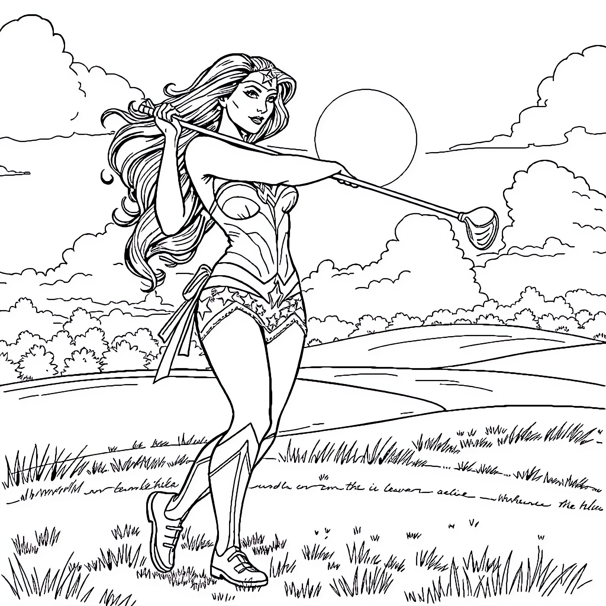 Wonder Woman striking a heroic pose in the wilderness Coloring Page (free black-and-white line drawing printable PDF for all, from beginners to advanced learners, including children, teens, adults, and seniors)