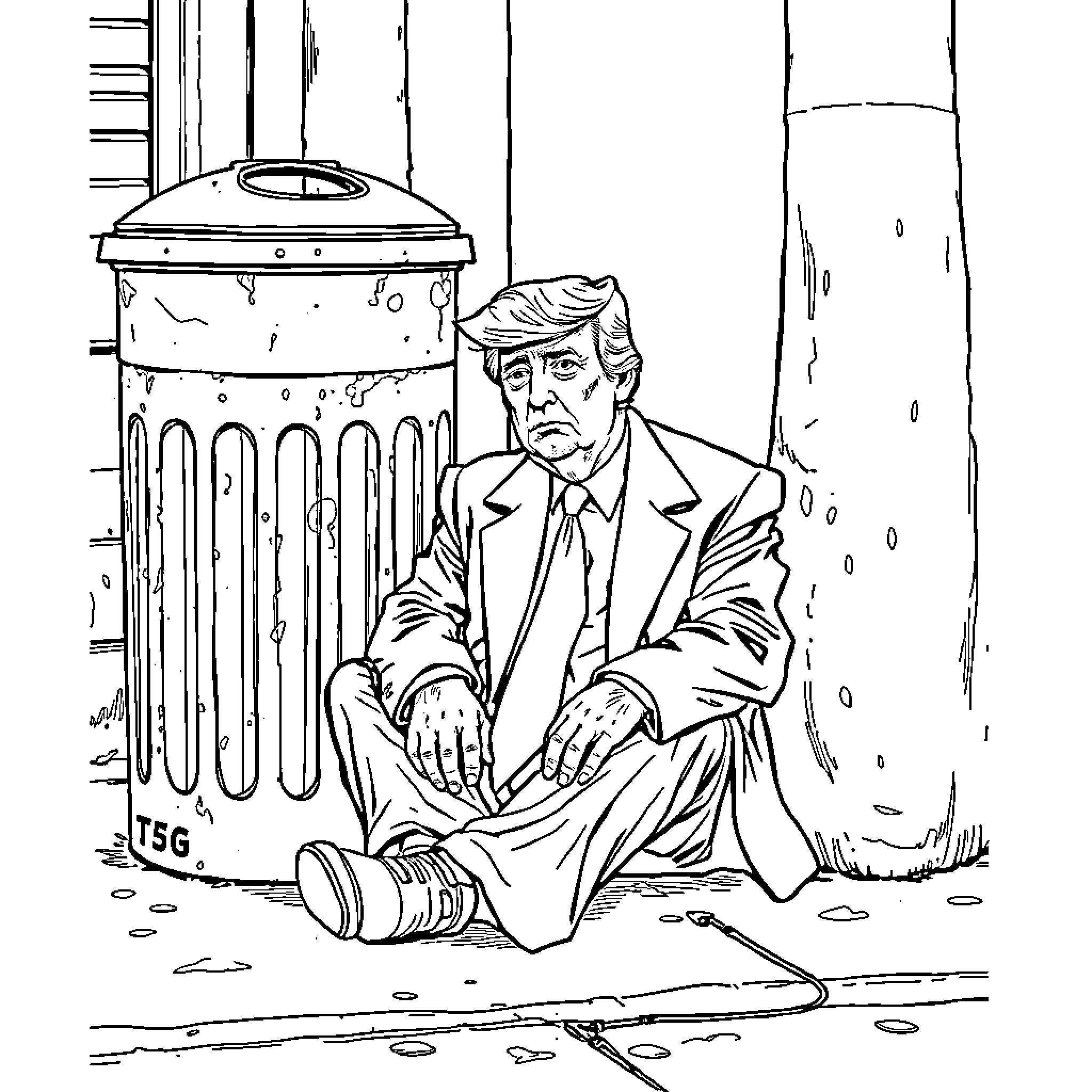 Donald Trump sitting despondently on the ground Coloring Page (free black-and-white line drawing printable PDF for all, from beginners to advanced learners, including children, teens, adults, and seniors)