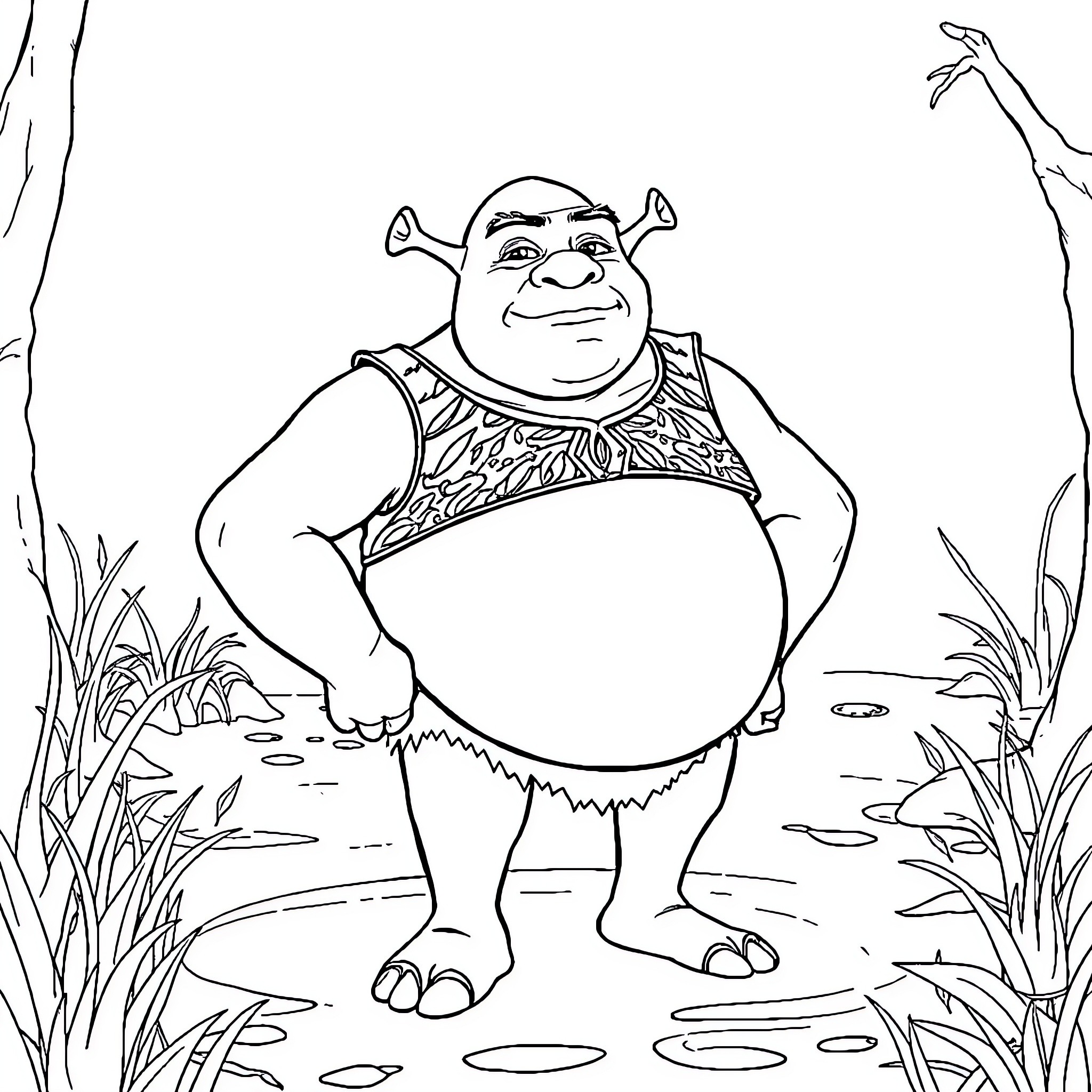 Shrek enjoying the outdoors in nature Coloring Page (free black-and-white line drawing printable PDF for all, from beginners to advanced learners, including children, teens, adults, and seniors)