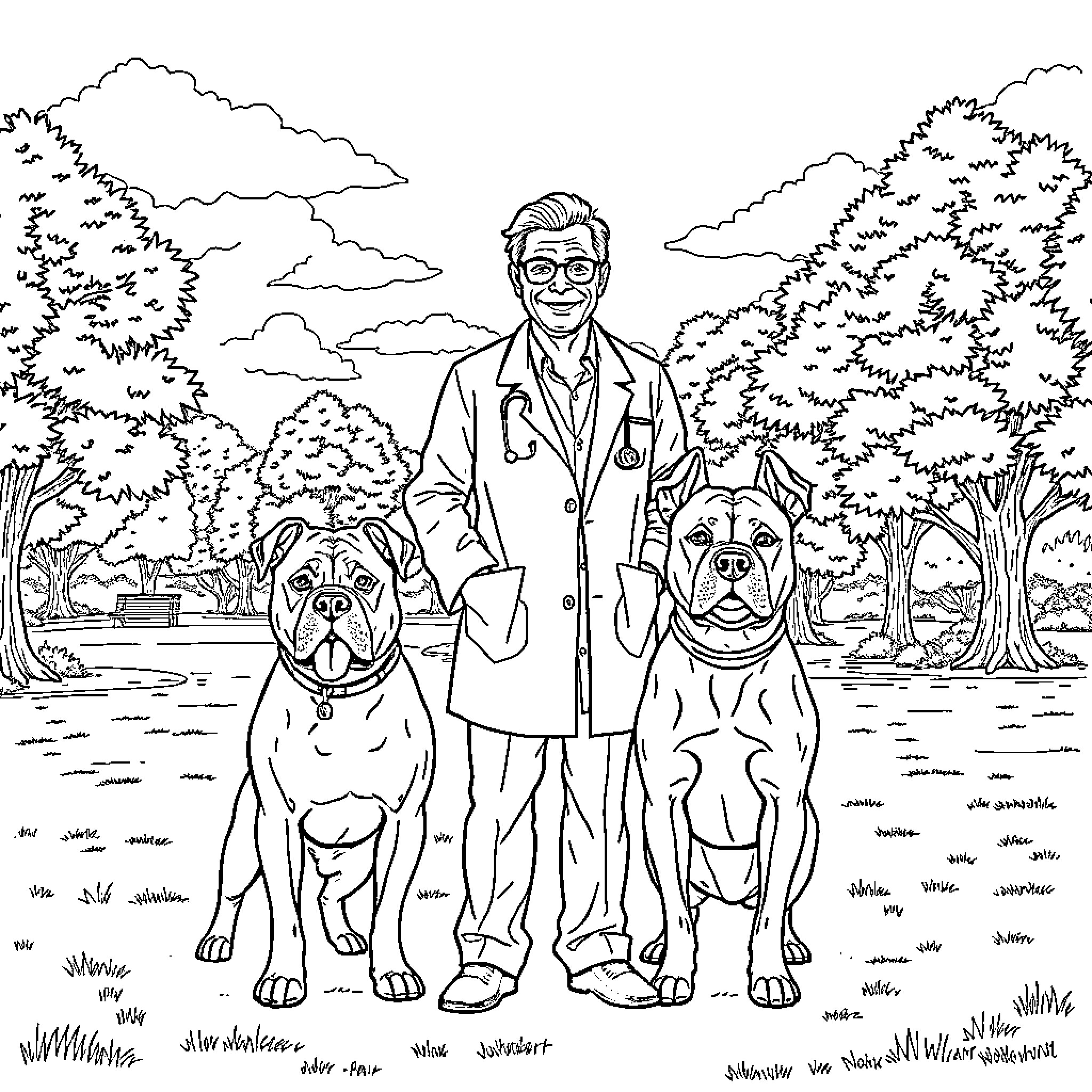 Doctor's Nature Walk with Friendly Pups Coloring Page (free black-and-white line drawing printable PDF for all, from beginners to advanced learners, including children, teens, adults, and seniors)