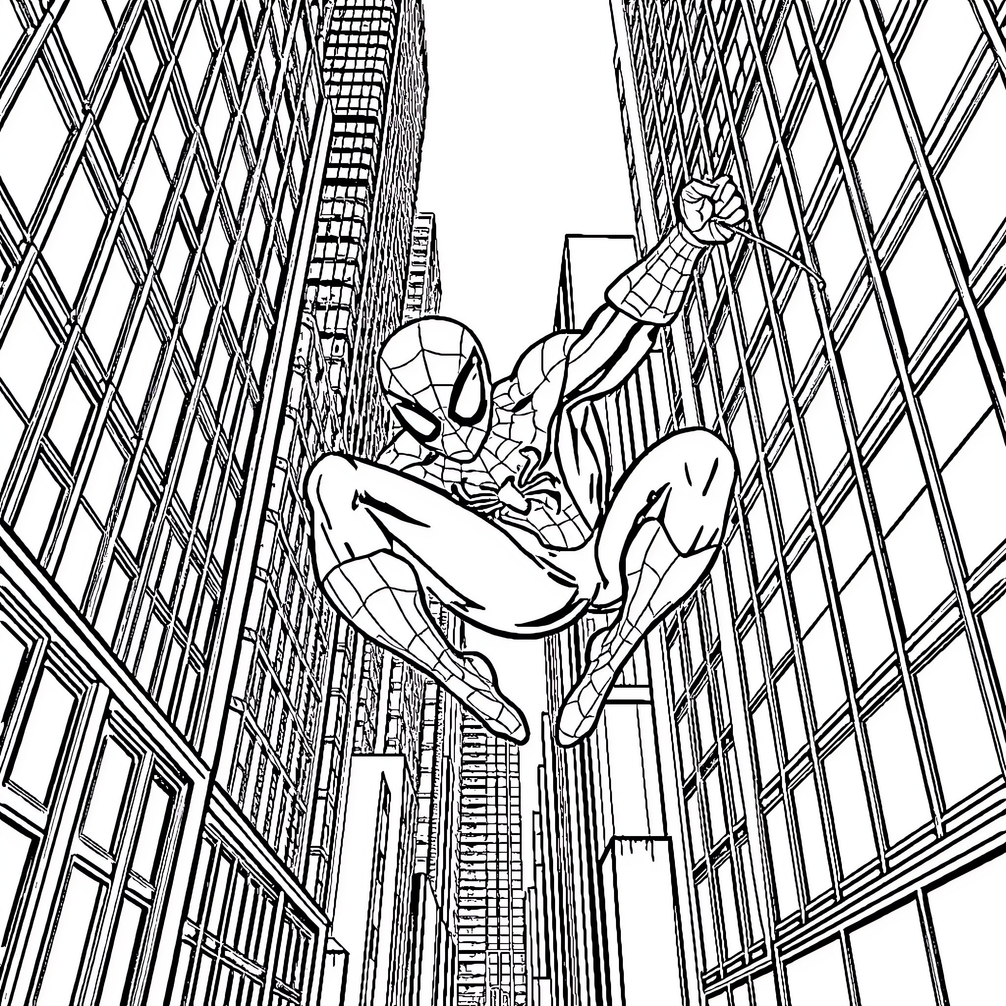 Spider-Man swinging through the city skyline Coloring Page (free black-and-white line drawing printable PDF for all, from beginners to advanced learners, including children, teens, adults, and seniors)