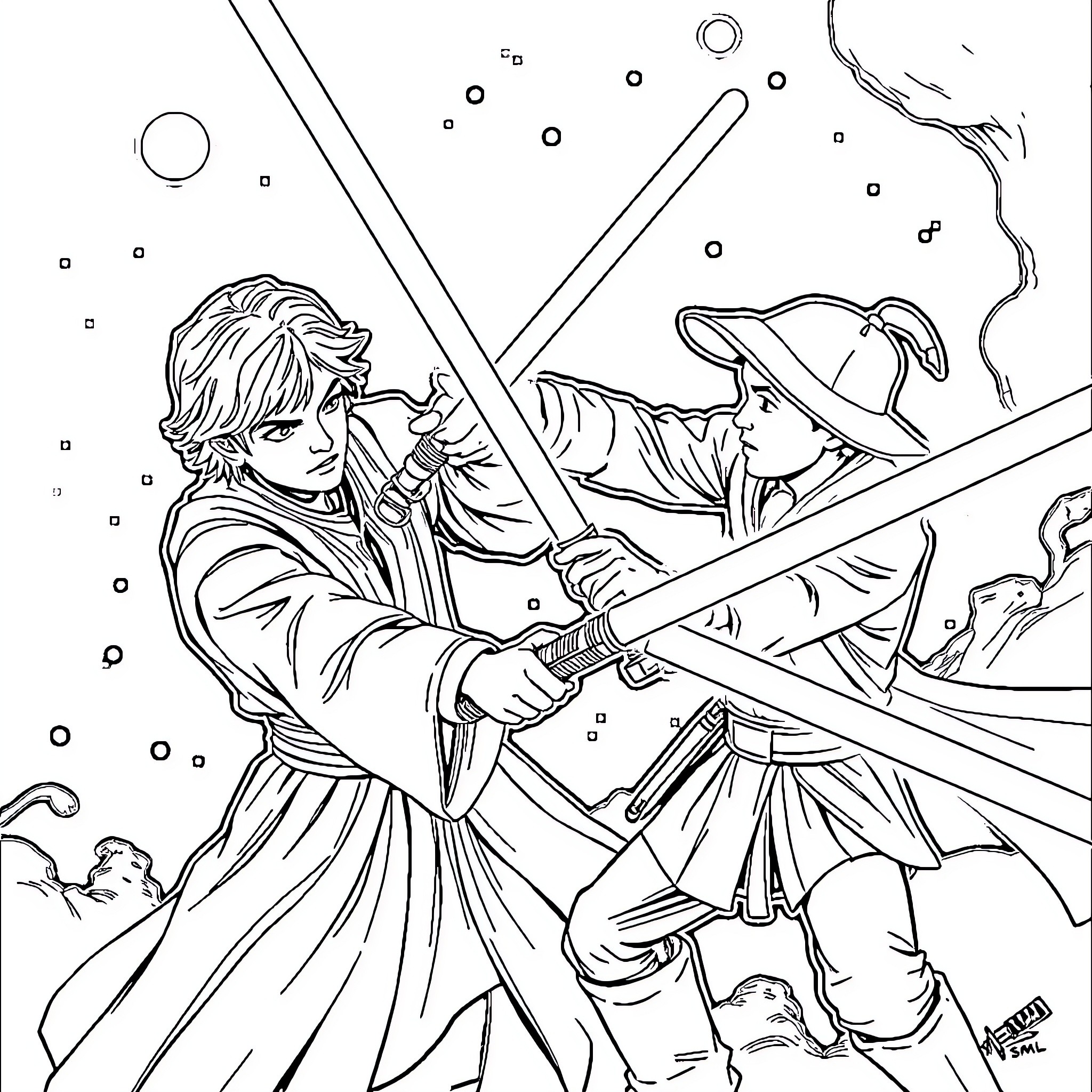 Anakin's Daring Lightsaber Duel in the Storm Coloring Page (free black-and-white line drawing printable PDF for all, from beginners to advanced learners, including children, teens, adults, and seniors)