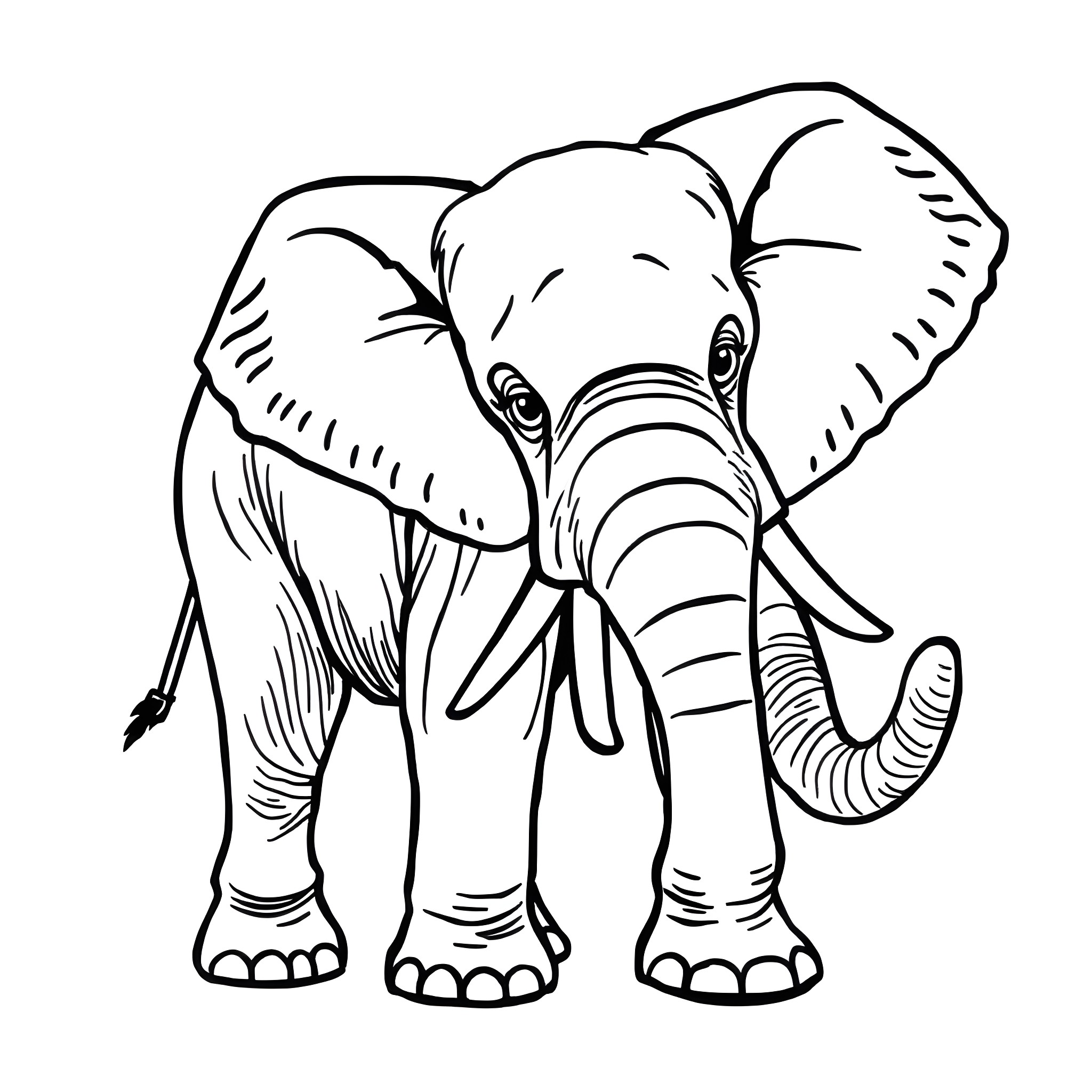 Elephant standing and alert Coloring Page (free black-and-white line drawing printable PDF for all, from beginners to advanced learners, including children, teens, adults, and seniors)
