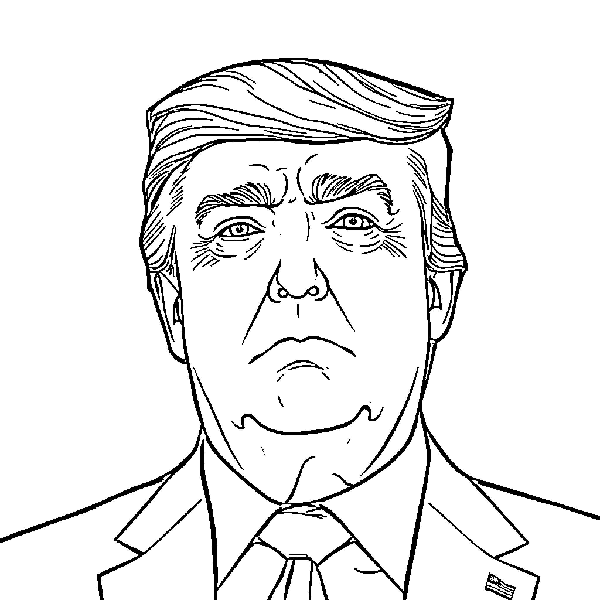Donald Trump's Serious and Stern Facial Expression Coloring Page (free black-and-white line drawing printable PDF for all, from beginners to advanced learners, including children, teens, adults, and seniors)