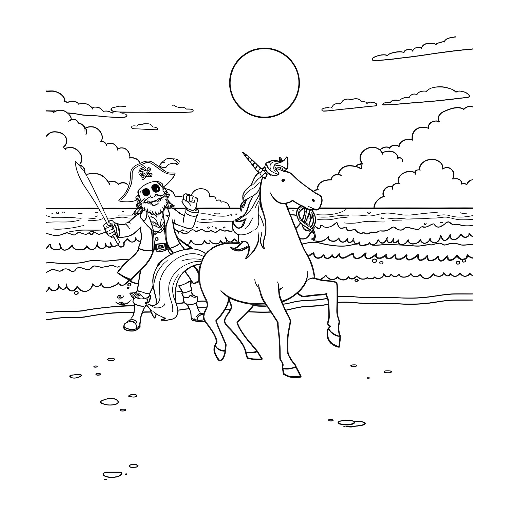 Unicorn and pirate playing at the beach Coloring Page (free black-and-white line drawing printable PDF for all, from beginners to advanced learners, including children, teens, adults, and seniors)