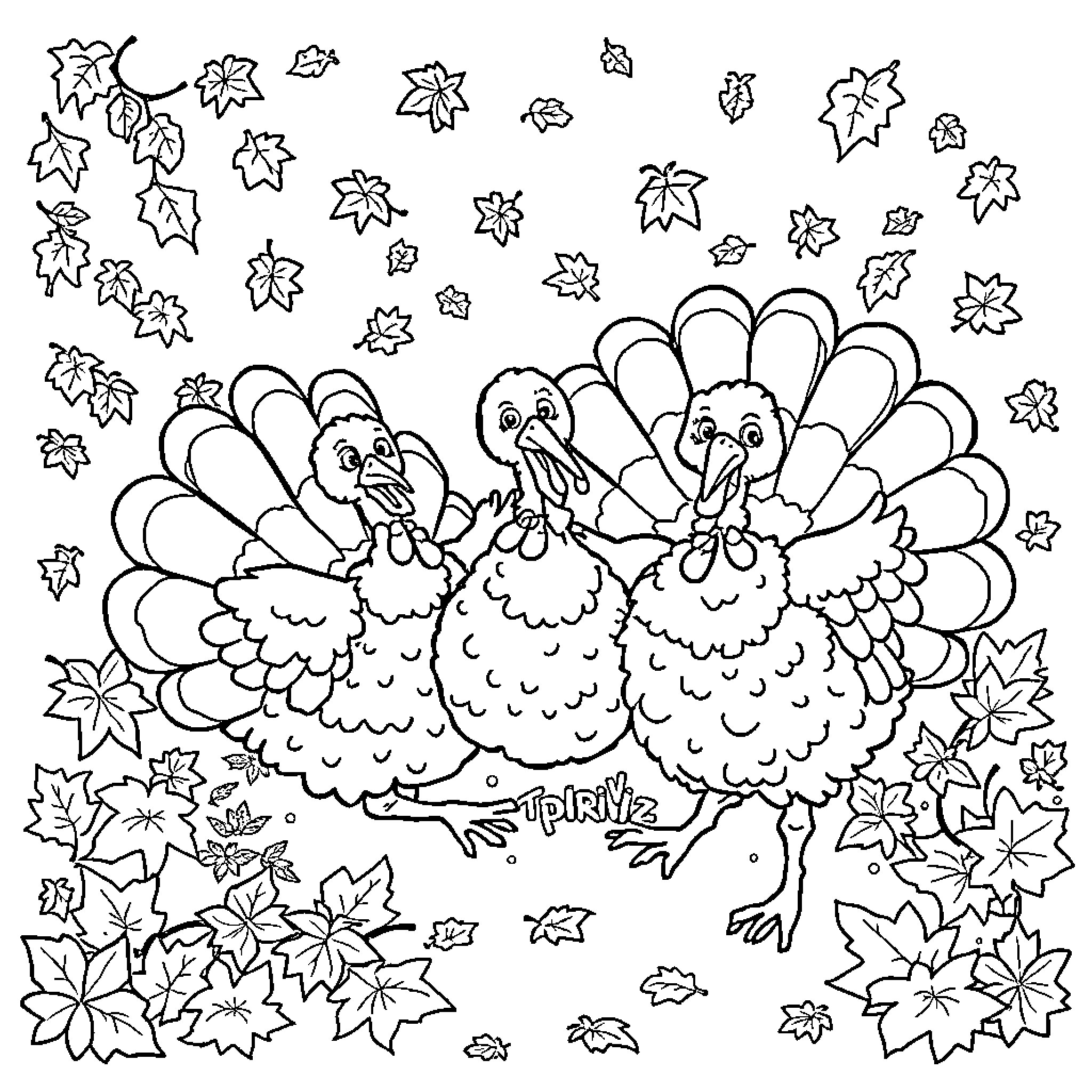 Turkey family amid autumn leaves Coloring Page (free black-and-white line drawing printable PDF for all, from beginners to advanced learners, including children, teens, adults, and seniors)