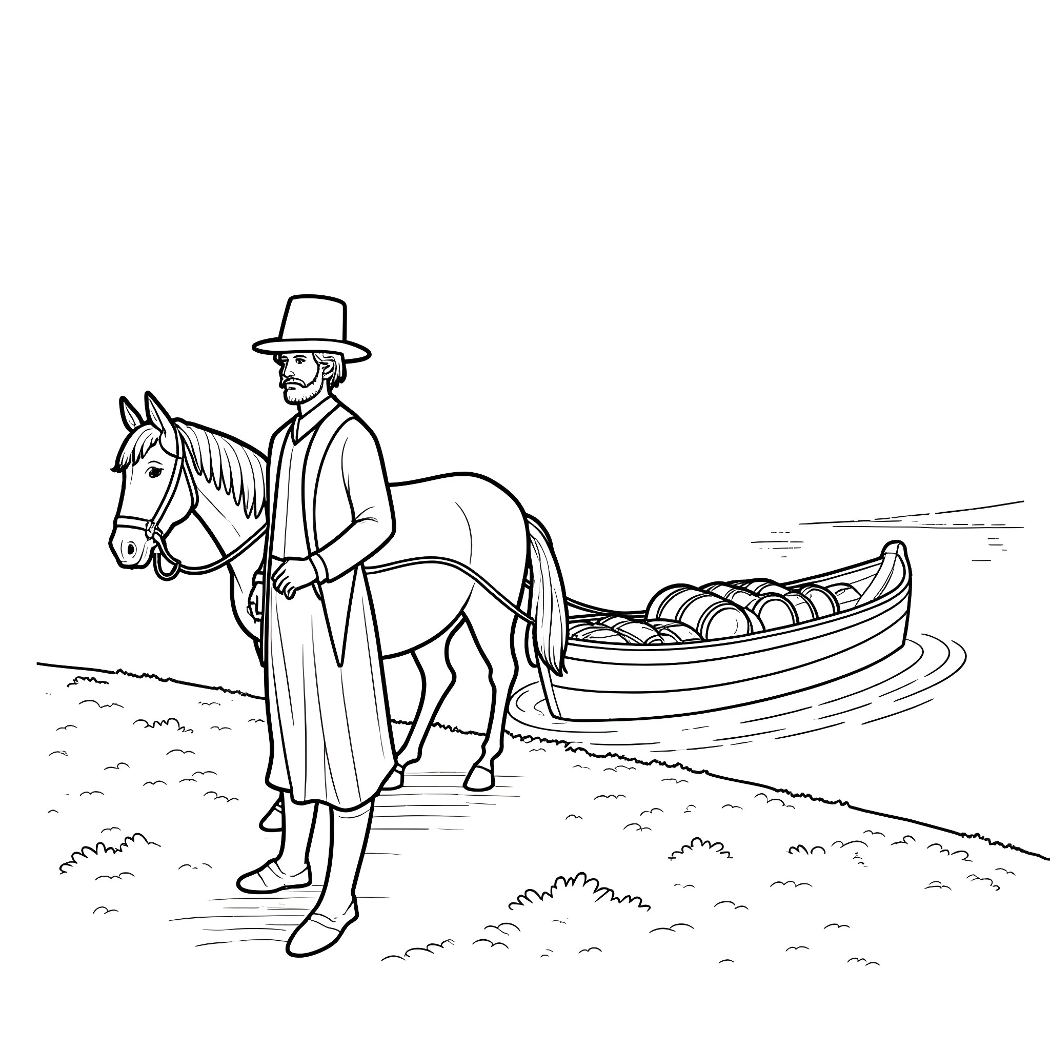 Man riding horse with cart full of goods Coloring Page (free black-and-white line drawing printable PDF for all, from beginners to advanced learners, including children, teens, adults, and seniors)