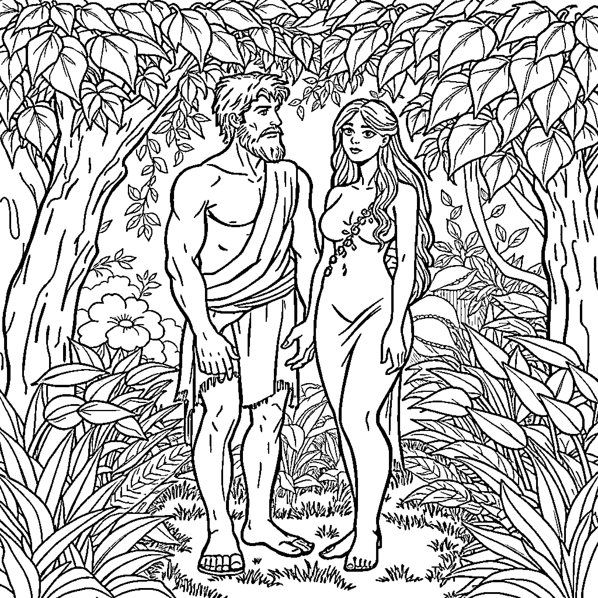 Adam and Eve in the Garden of Eden Coloring Page (free black-and-white line drawing printable PDF for all, from beginners to advanced learners, including children, teens, adults, and seniors)