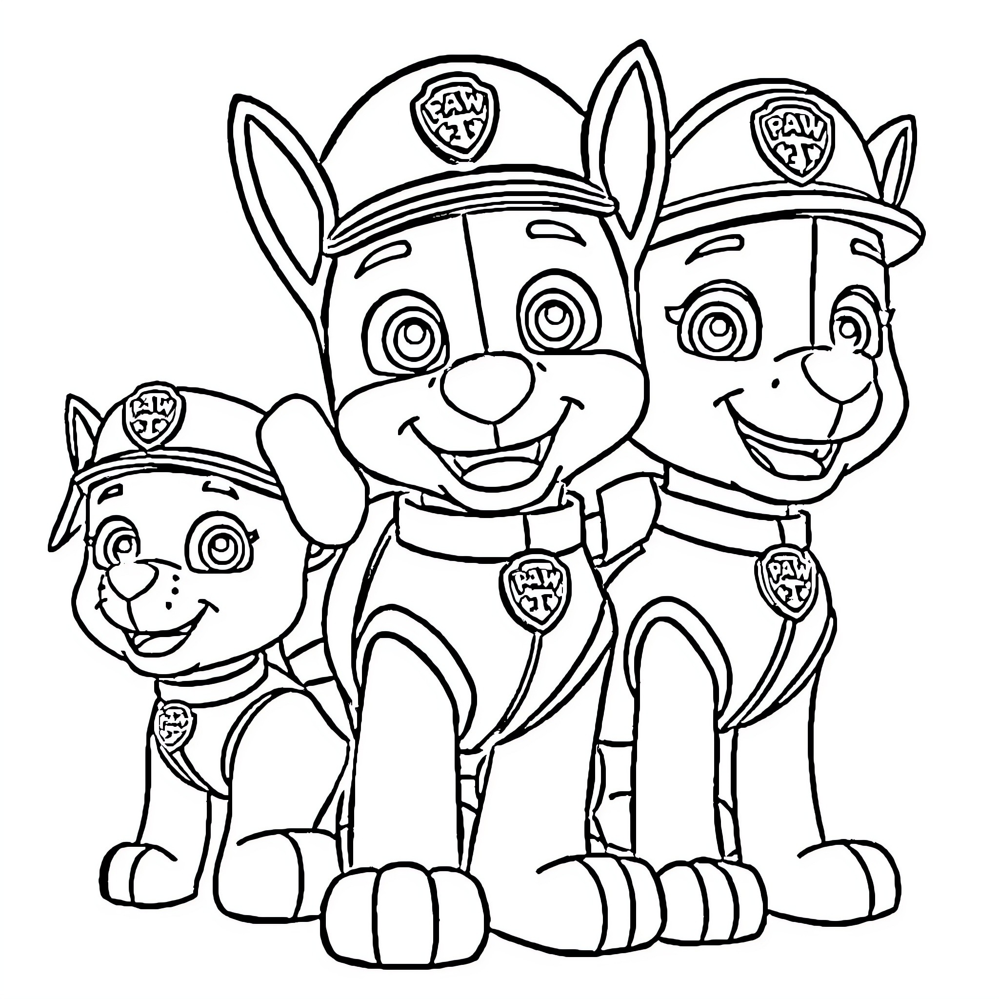 Paw Patrol team members in uniform Coloring Page (free black-and-white line drawing printable PDF for all, from beginners to advanced learners, including children, teens, adults, and seniors)