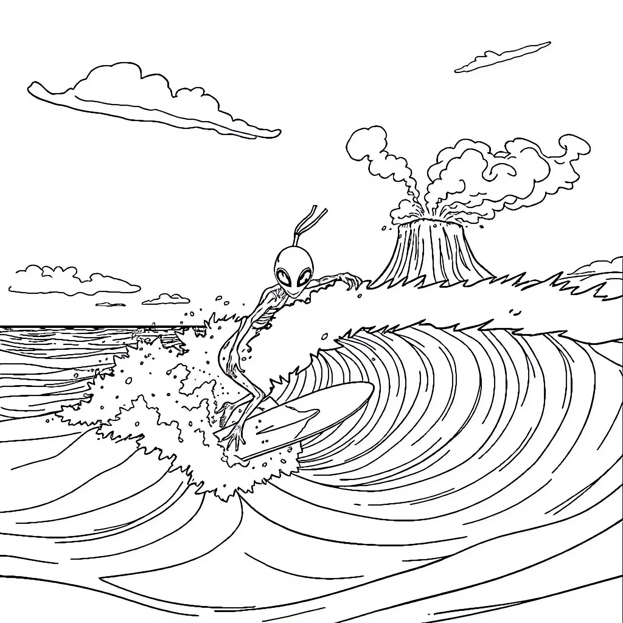 Alien volcano erupting over crashing ocean waves Coloring Page (free black-and-white line drawing printable PDF for all, from beginners to advanced learners, including children, teens, adults, and seniors)