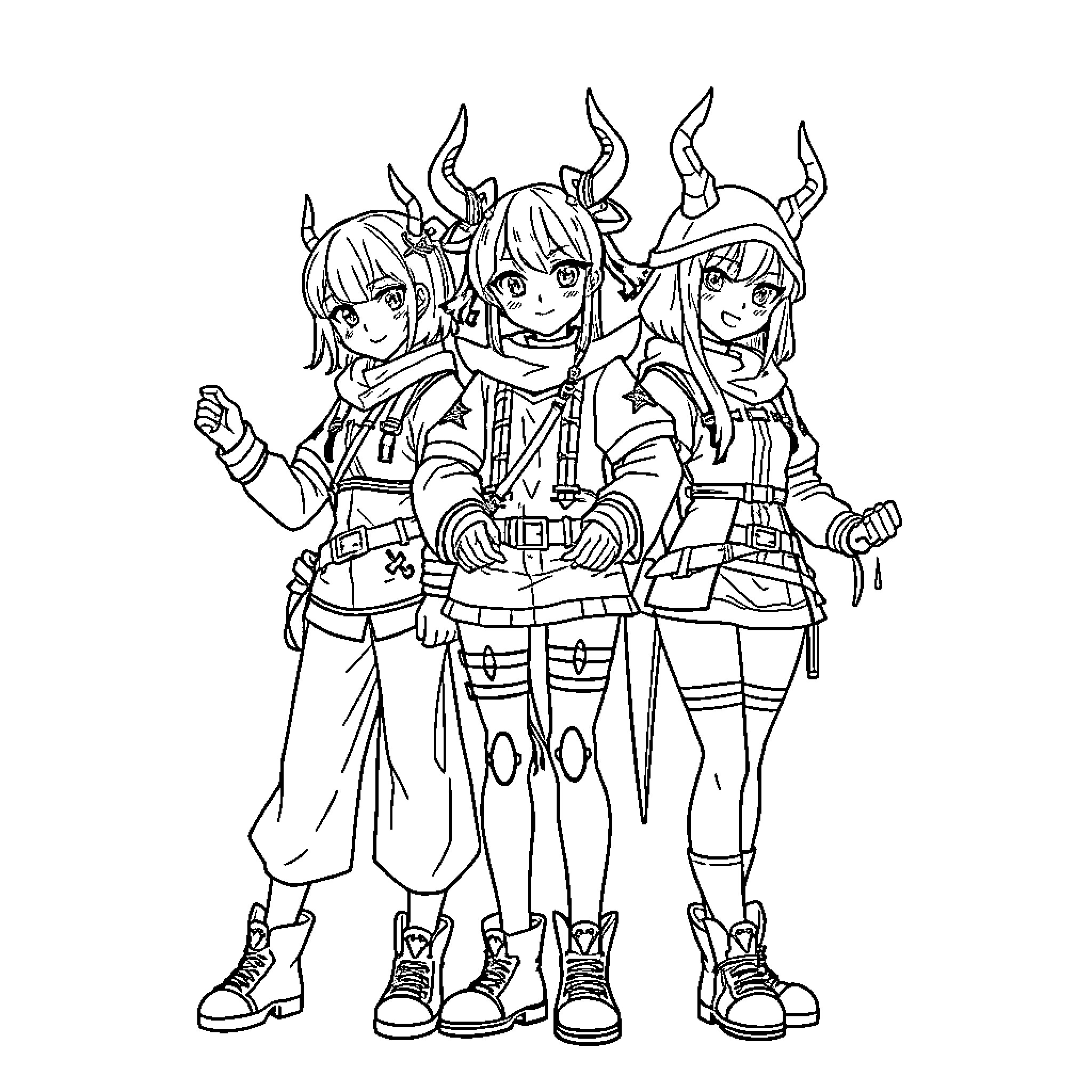 Rumi and friends in an adventurous pose Coloring Page (free black-and-white line drawing printable PDF for all, from beginners to advanced learners, including children, teens, adults, and seniors)