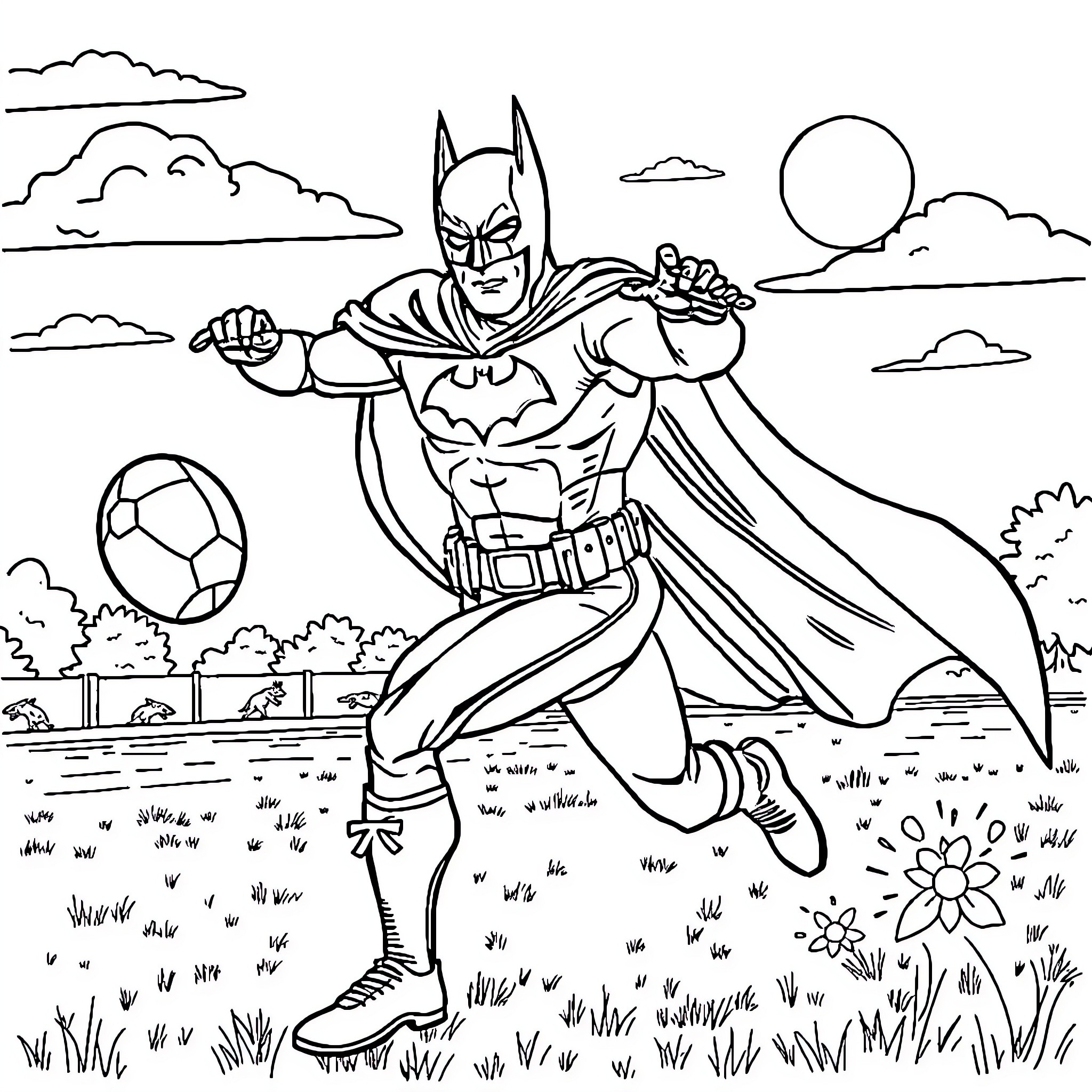 Bateman's Heroic Charge through the Meadow Coloring Page (free black-and-white line drawing printable PDF for all, from beginners to advanced learners, including children, teens, adults, and seniors)